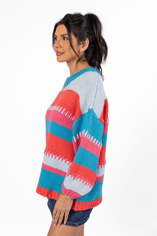 Blue Multi Stripe Chunky Knit Stitch Detail Sweater - Cozy Winter Pullover for Women | Perfect for Casual Outfits, Holiday Parties & Cold Weather Layering