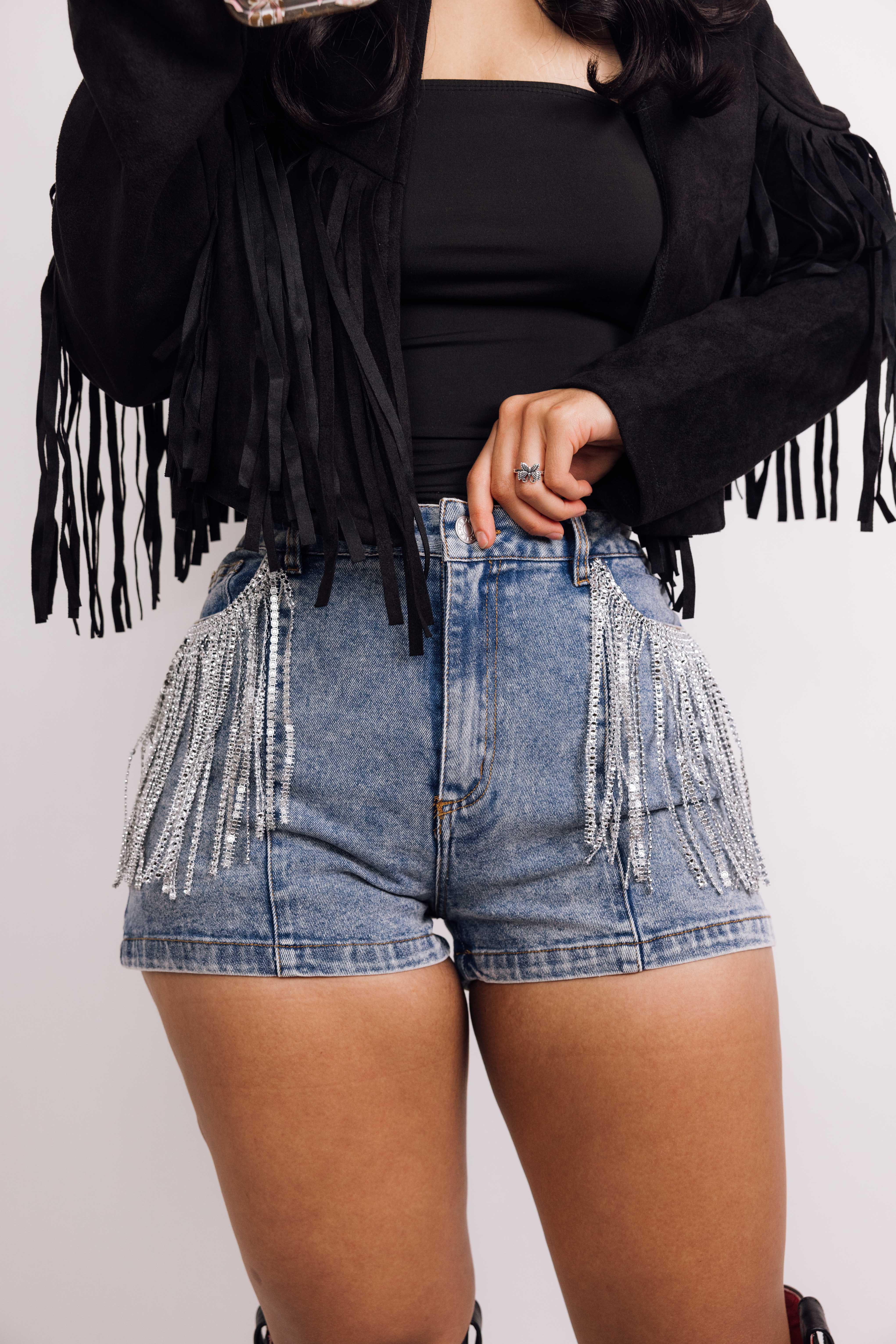 Trendy Washed Silver Fringe Cow Print Shorts for Women - Stylish Western Denim Cutoffs for Summer, Music Festivals & Boho Outfits