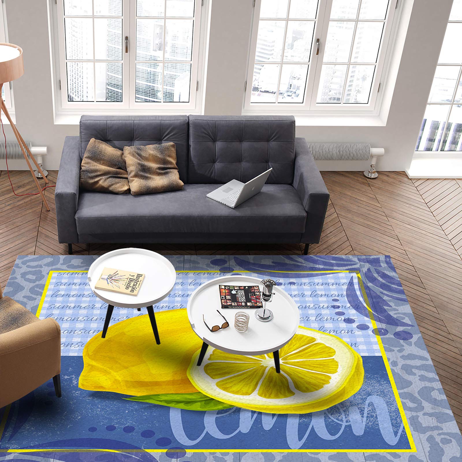 4' x 6' Summer Lemon Print Non-Slip Area Rug - Buffalo Plaid Leopard Fruit Pattern, Non-Shedding Easy Clean Carpet for Living Room, Bedroom & Dining Room Decor | Perfect for Boho Chic Homes, Dorm Rooms & Cozy Spaces