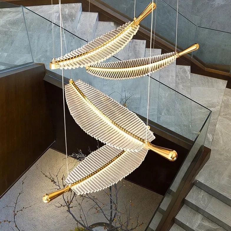 Feather Shaped Gold LED Pendant Light - Modern Glass Chandelier for Dining Room, Bedroom, or Living Room Decor