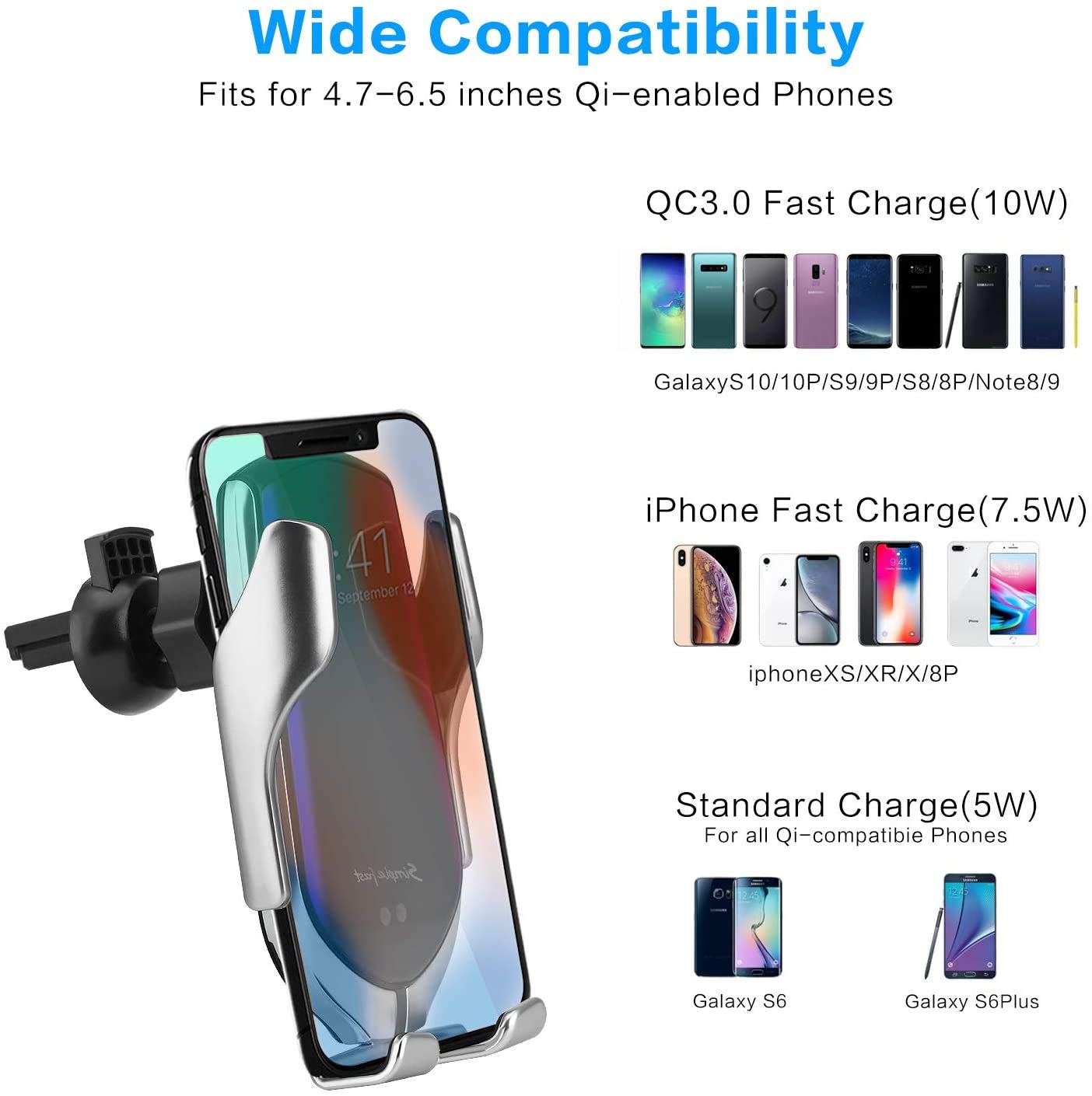 15W Fast Wireless Car Charger Mount - Auto Clamping Phone Holder for iPhone 13/12/11/XS/XR/X/8 & Samsung S21/S20/S10/Note10/Note9 - Dashboard & Air Vent Compatible - Perfect for Road Trips & Daily Commuting