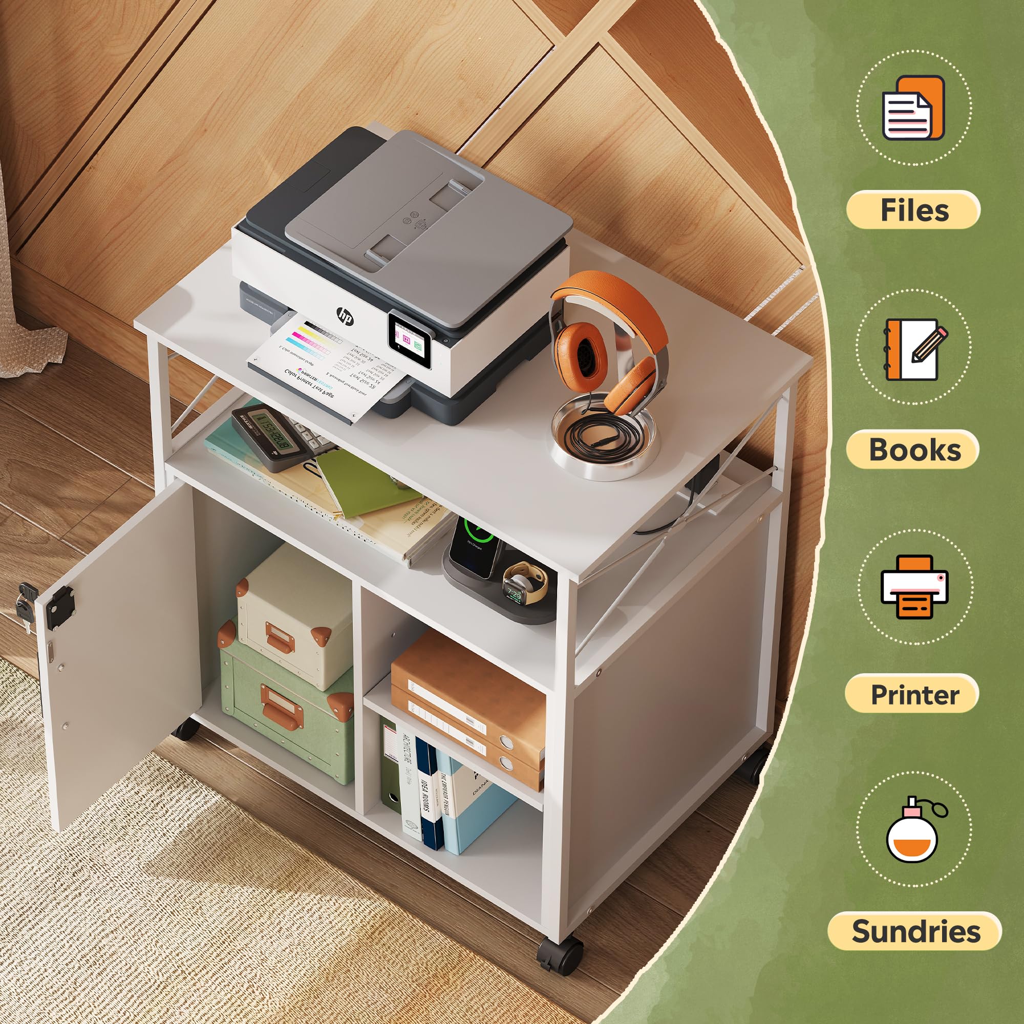 DEVAISE Lockable Lateral File Cabinet with USB Charging Station - Home Office Storage for A4/Letter Size Folders & Printer - White | Perfect for Organizing Documents & Charging Devices in Small Spaces
