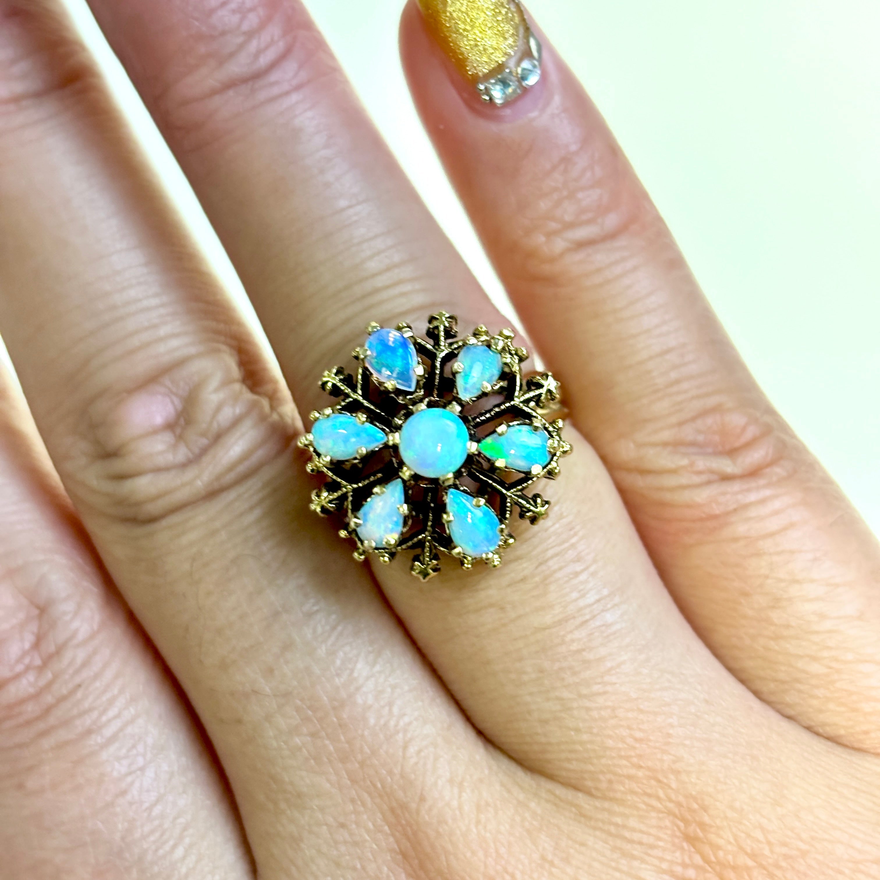 14K Yellow Gold Opal Cocktail Ring - 1.07ctw Genuine Opal Gemstone - Size 5 - Elegant Statement Jewelry for Women - Perfect for Evening Parties, Weddings & Special Occasions