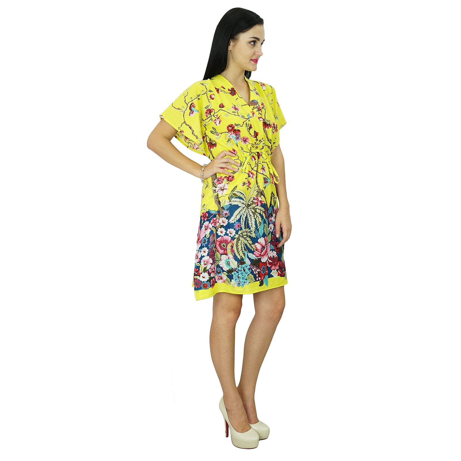 Bimba Women's Floral Kaftan Dress - Cotton Beach Cover Up Short Caftan for Summer Vacation, Pool Party & Boho Outfit