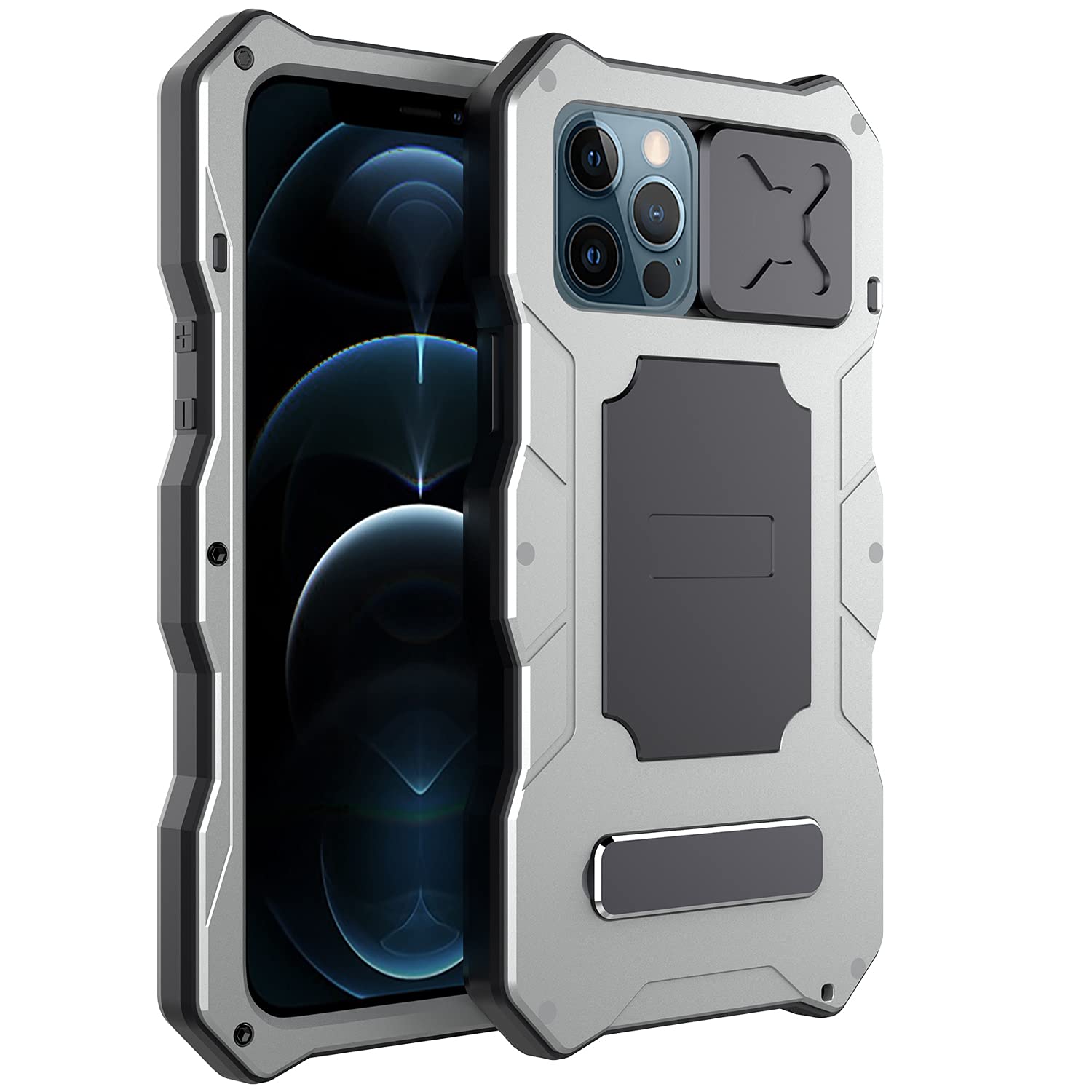 WindFlying Military-Grade Heavy Duty Shockproof Metal Case for iPhone 12 Pro Max - Full Body Protection with Kickstand & Camera Cover | Dustproof & Durable (Silver) - Perfect for Outdoor Adventures, Construction Work & Extreme Sports