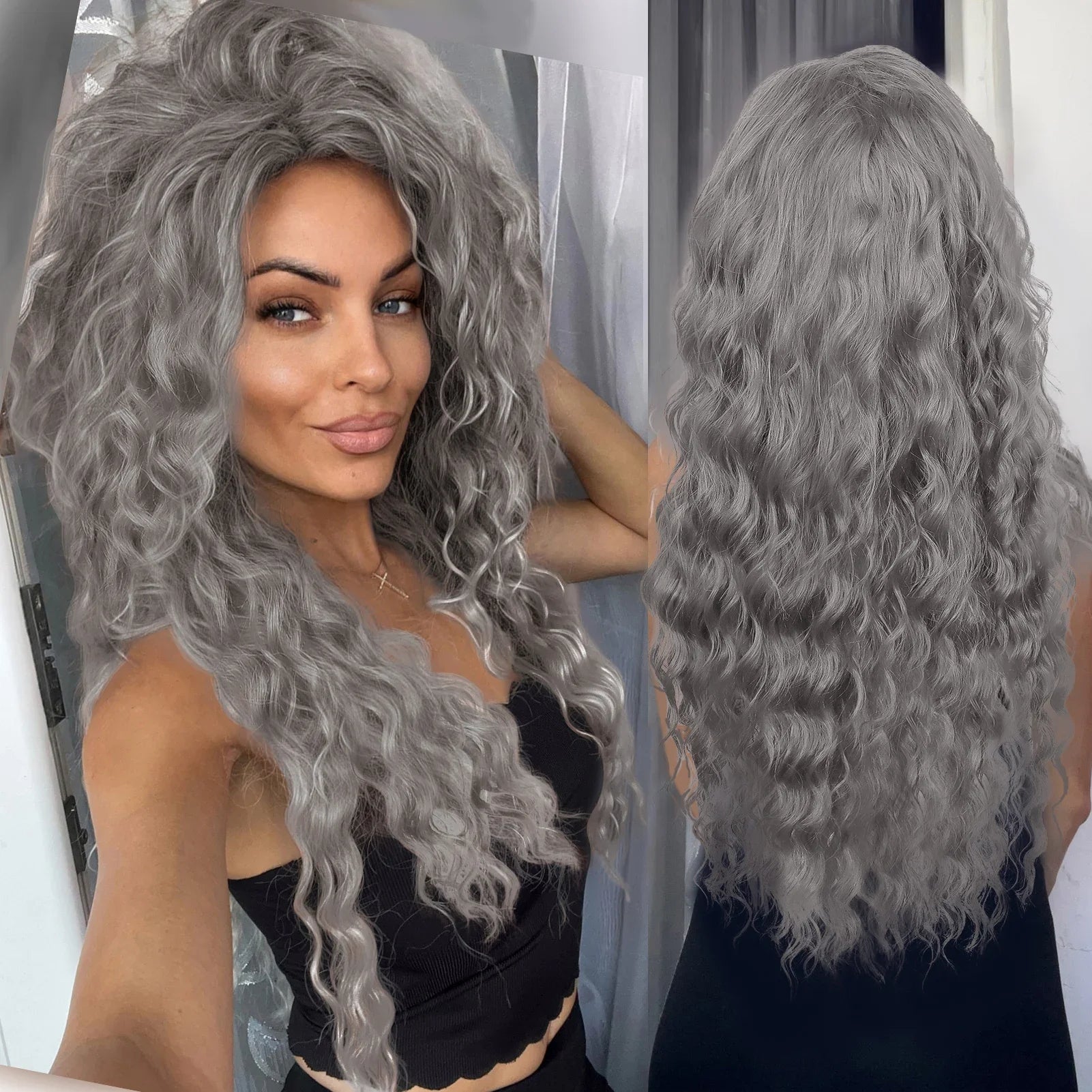 Ash Blonde Synthetic Long Curly Wig for Women - Fluffy Ombre Wave Hairstyle | Perfect for Costume Parties, Carnival, Cosplay & Daily Fashion