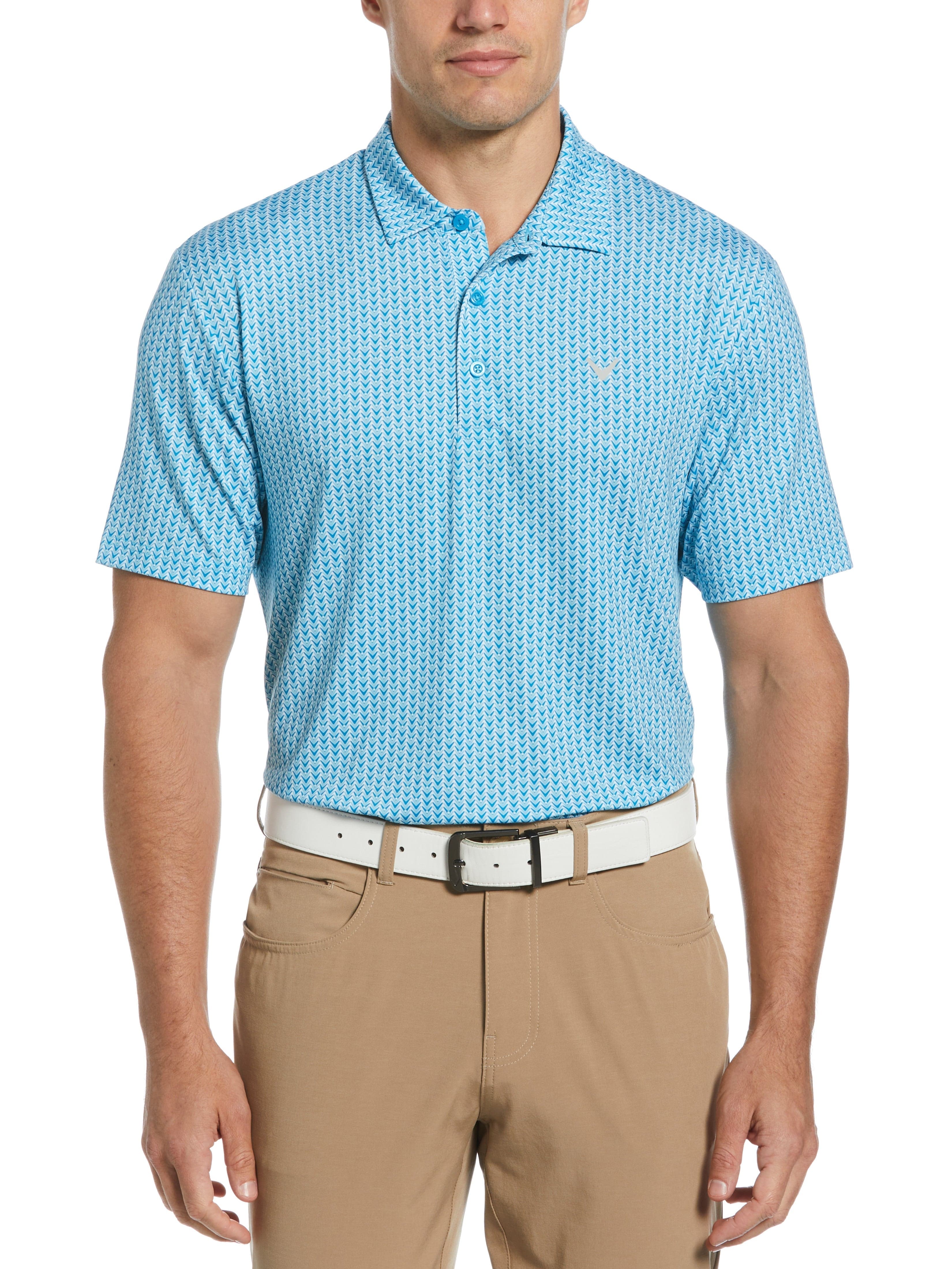Men's Herringbone Print Polo Shirt - Classic Casual Button-Down Collar Short Sleeve Top for Business, Golf & Everyday Wear