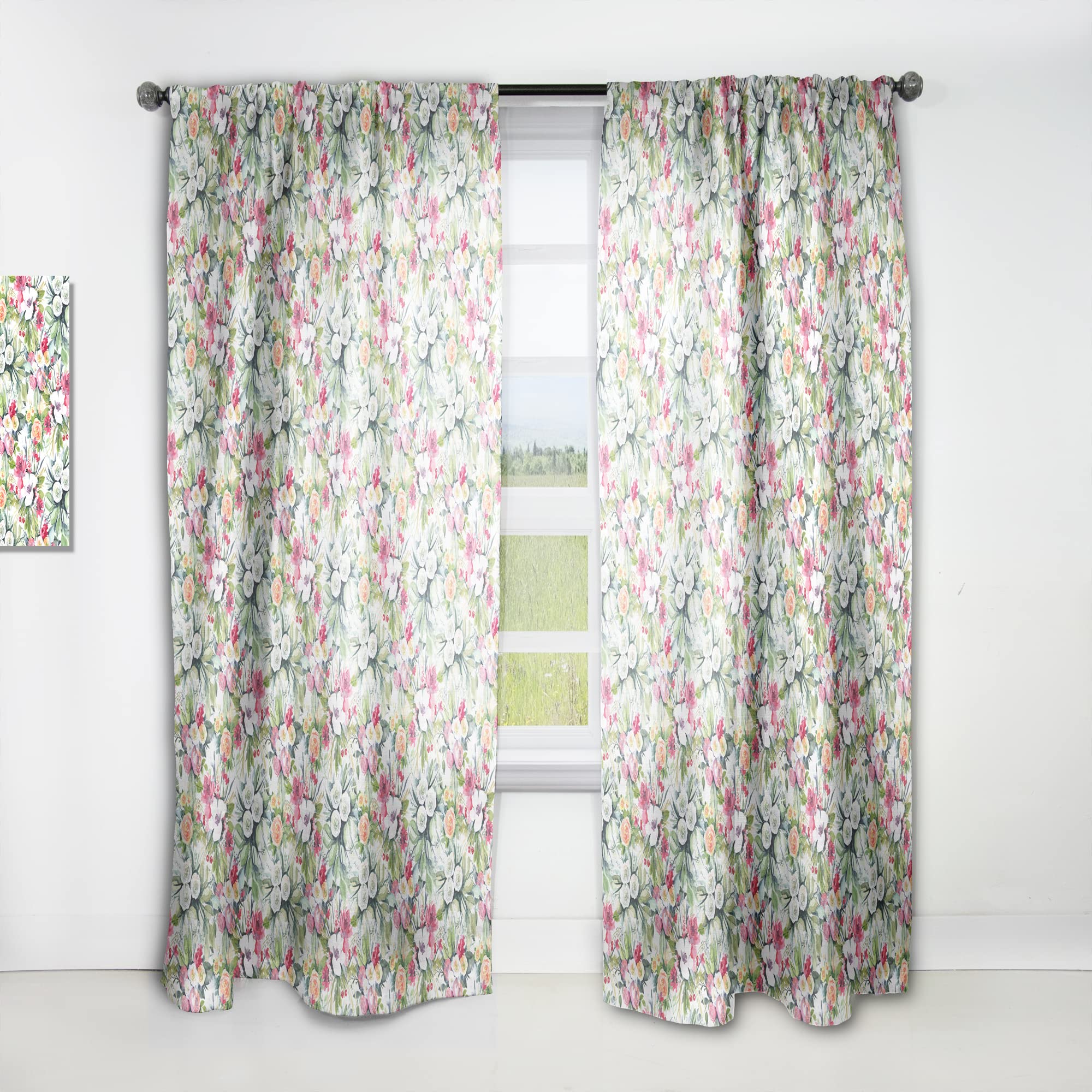 Thermal Insulated Floral Curtains - Mint Bouquet with White Red Yellow Flowers - 52x84 Single Panel for Bedroom & Living Room - Perfect for Home Decor & Light Control
