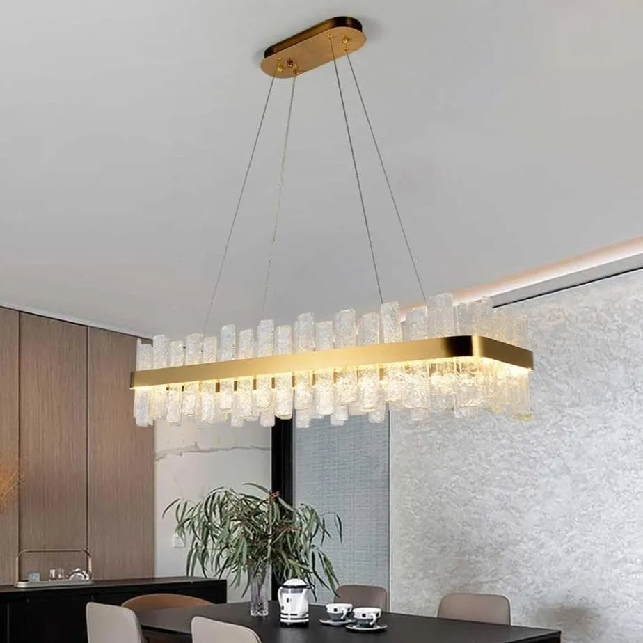 Modern Golden Crystal Rectangle Chandelier - 32/40 Inch Flake Long Lamp for Dining Room, Living Room & Bedroom Lighting