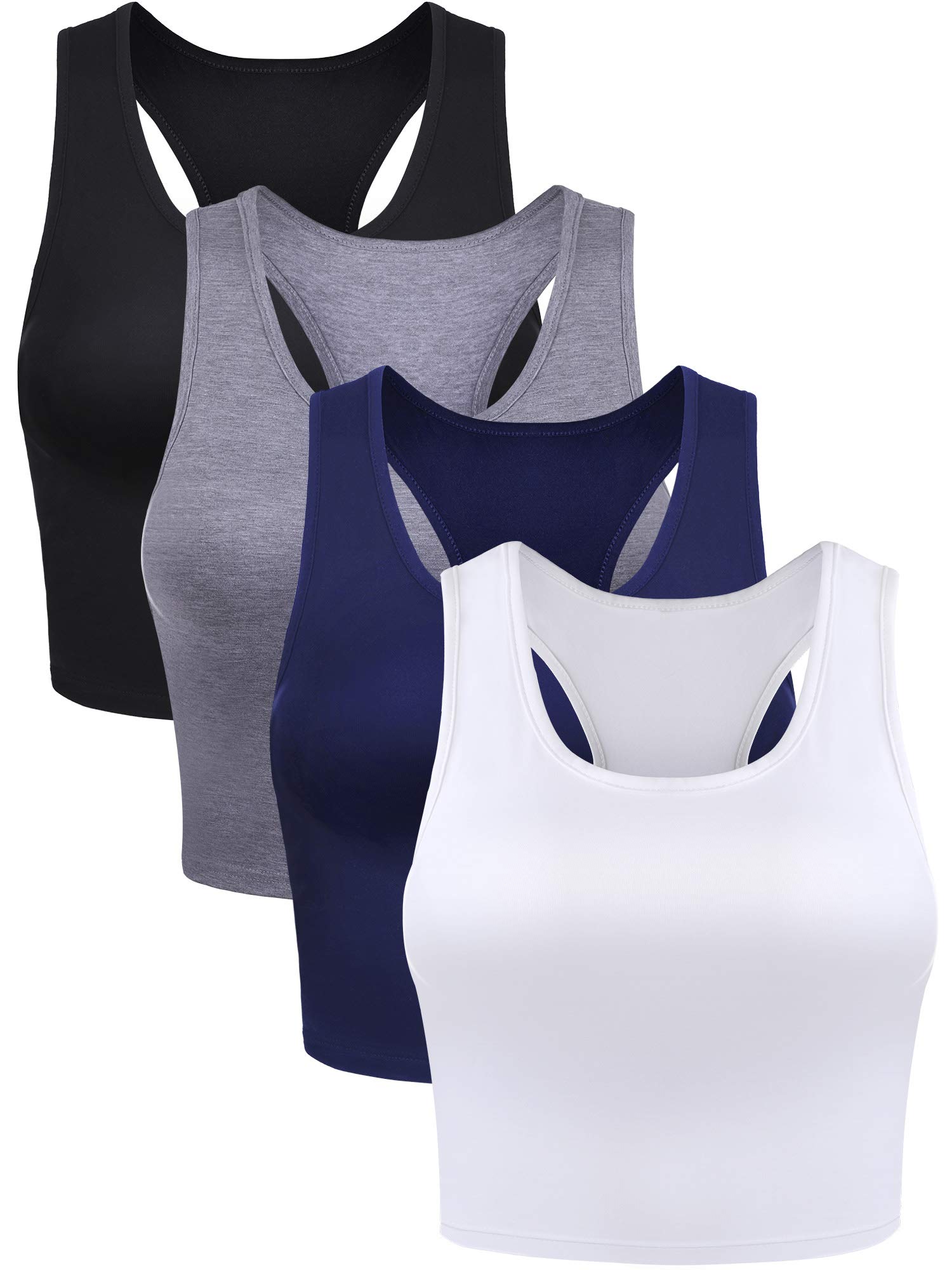 4 Pack Women's Workout Crop Tank Tops - Sleeveless Racerback Athletic Shirts for Yoga, Running & Gym - Breathable Moisture-Wicking Fabric (Small, Black/Dark Grey/Navy Blue/White) - Perfect for Fitness, Pilates & Summer Sports Activities