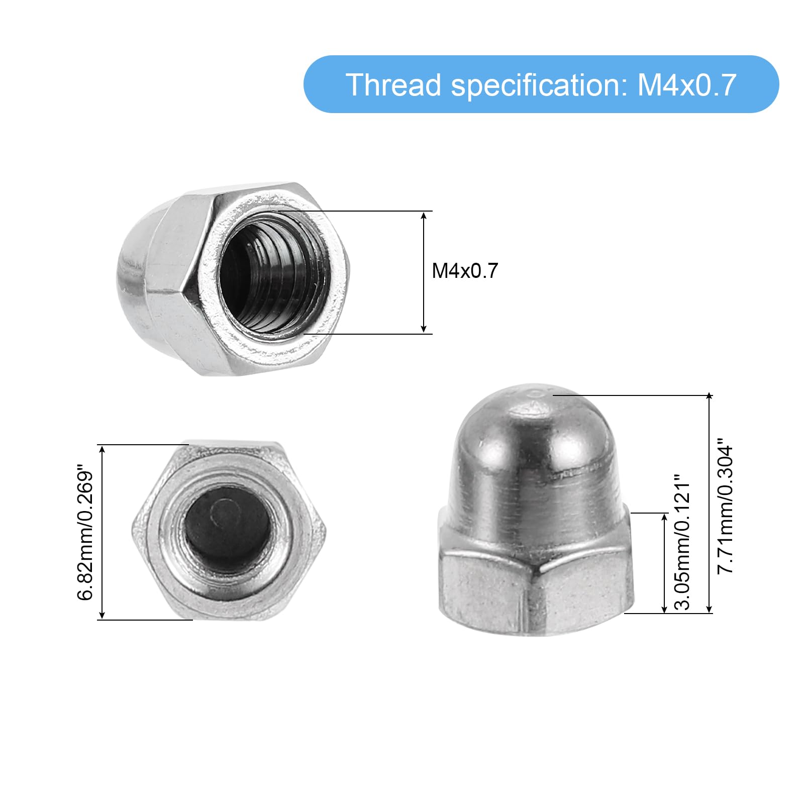 50Pcs 304 Stainless Steel M4x0.7 Acorn Cap Nuts - Dome Head Hex Nut for Bolt Cover, Rustproof Hardware Fasteners - Perfect for Furniture Assembly, Automotive Repair & DIY Projects