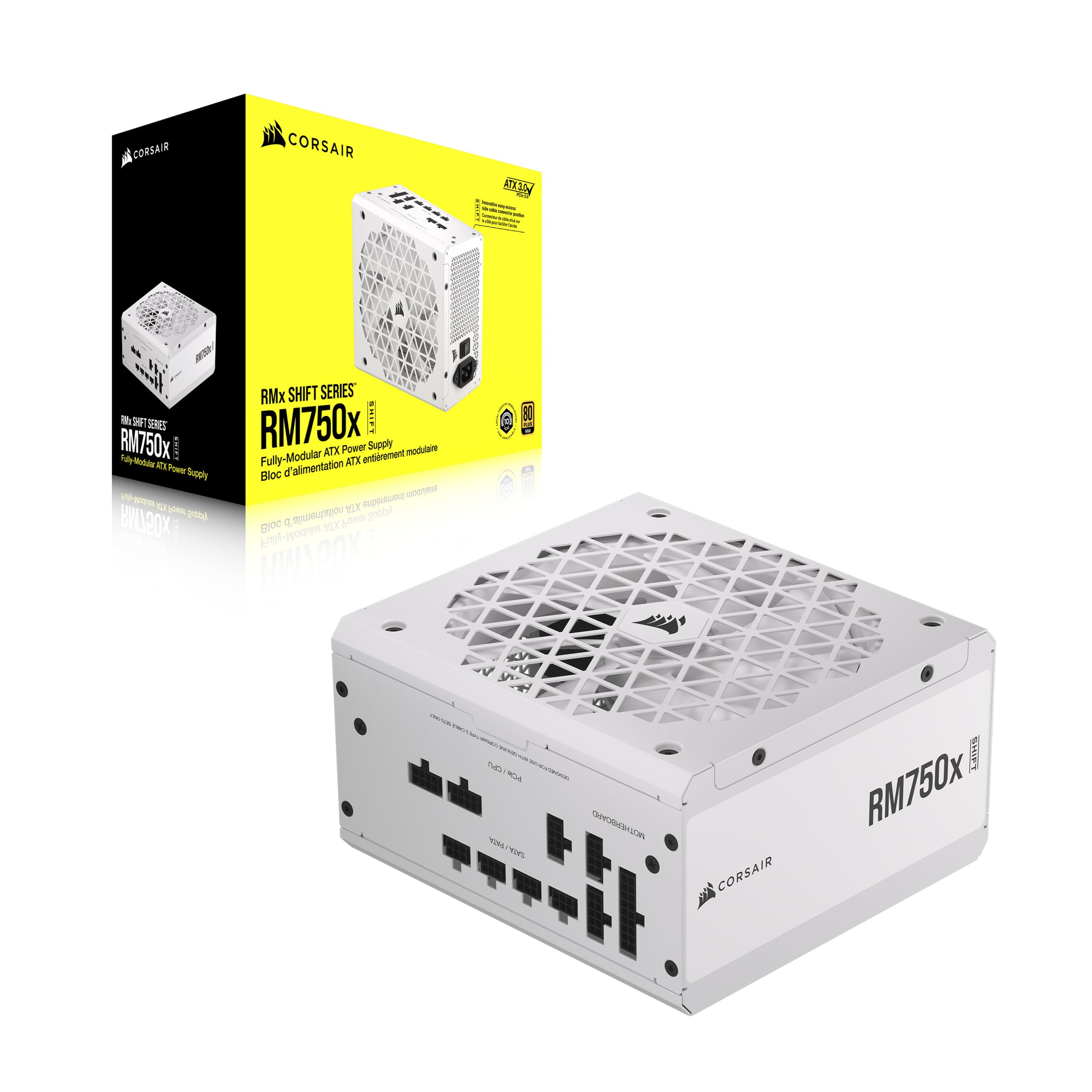 CORSAIR RM750x Shift 750W Fully Modular ATX Power Supply - 80 Plus Gold Certified - ATX 3.0 & PCIe 5.0 Compatible - Zero RPM Fan Mode - White (Side Modular Interface) - Perfect for Gaming PCs, Workstations & High-Performance Builds