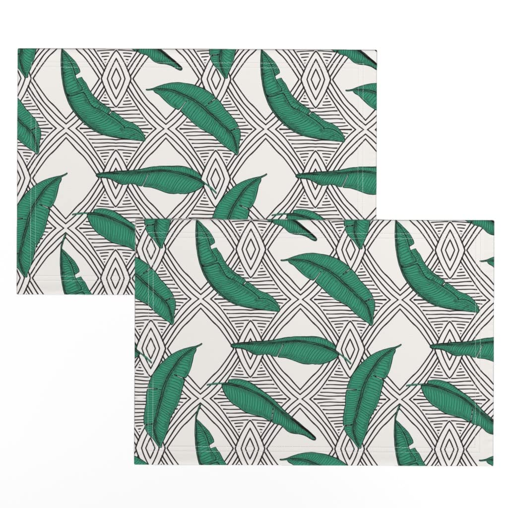 Premium Linen Cotton Canvas Placemats Set of 2 - Jungle Coastal Beach Boho Leaf Bohemian Print Table Mats for Dining, Kitchen Decor & Outdoor Picnics