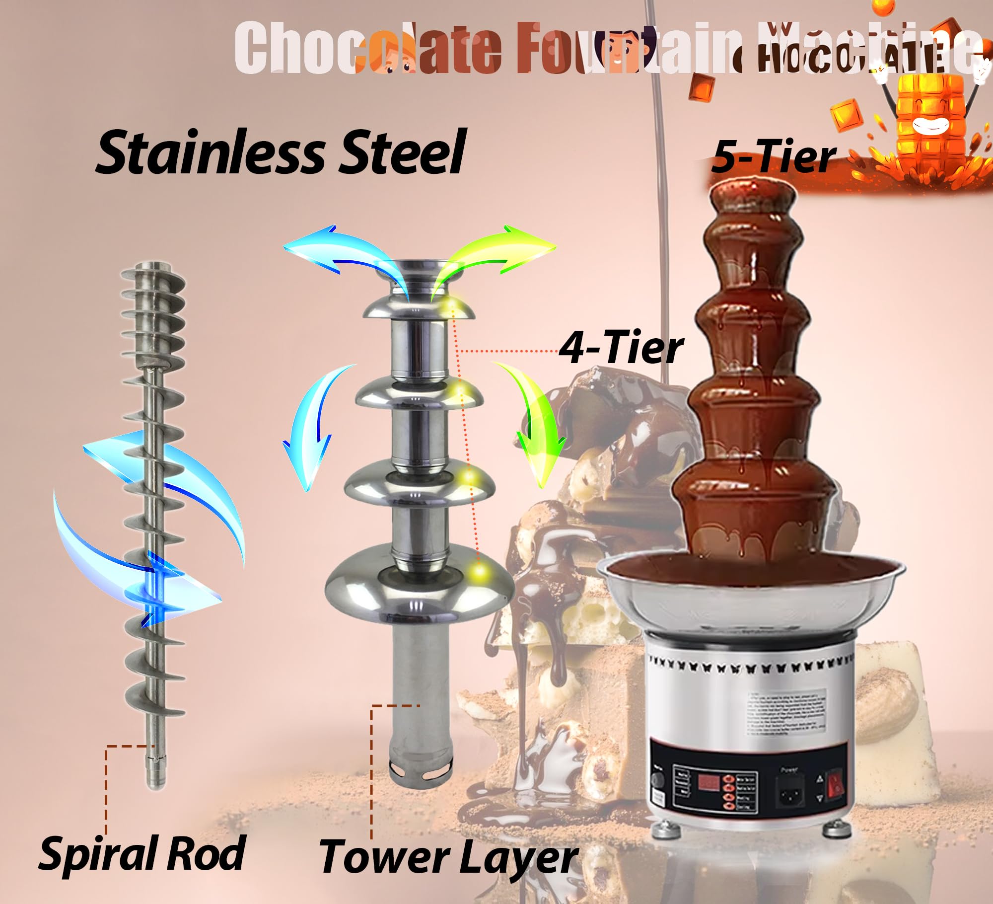 INTSUPERMAI 5-Tier Commercial Chocolate Fountain Machine - 304 Stainless Steel Digital Control Melting Warmer for Weddings, Parties, Events & Restaurants (110V) | Perfect for Dessert Buffets, Catering Services & DIY Chocolate Dipping Stations