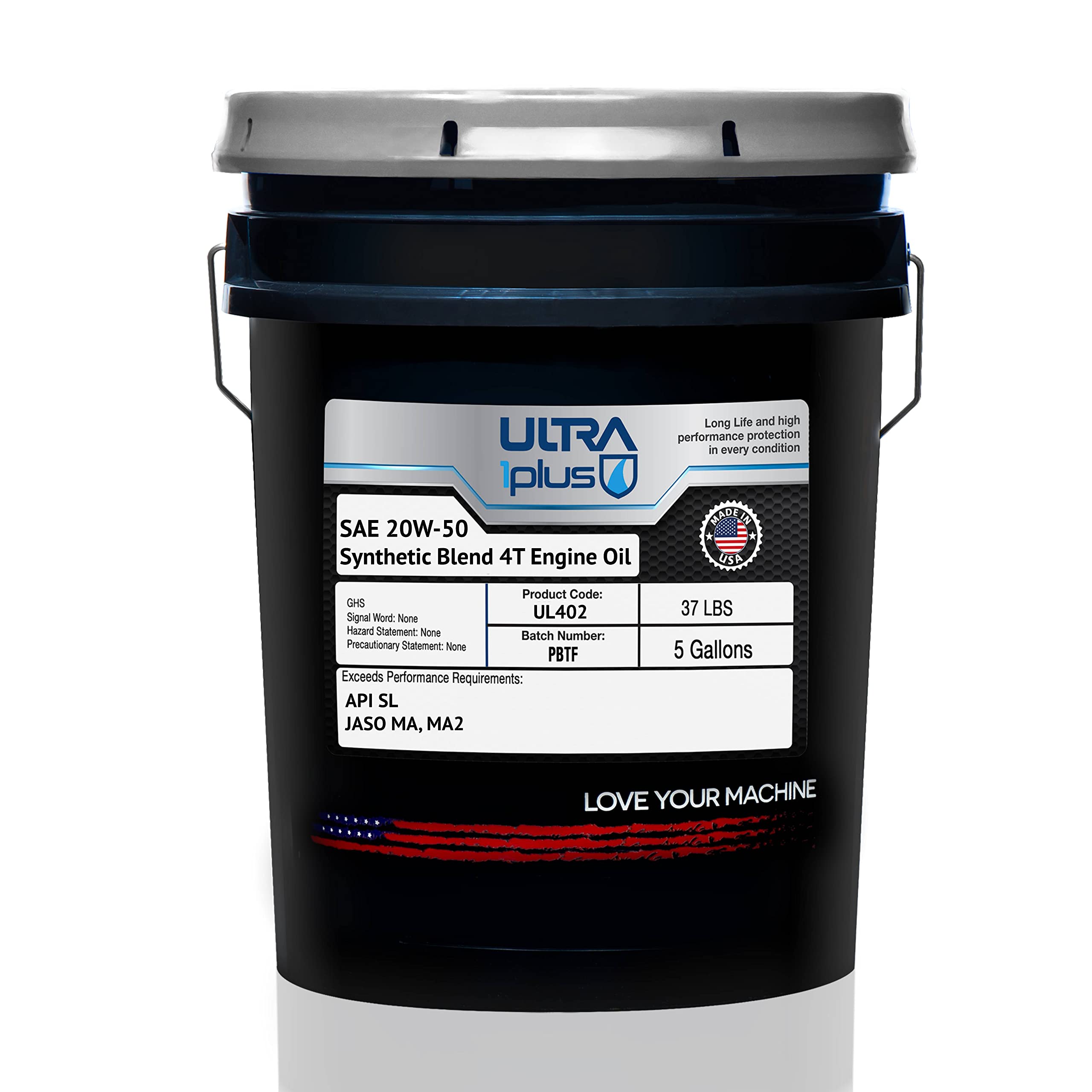 Ultra1Plus™ SAE 20W-50 Synthetic Blend 4T Motorcycle Engine Oil API SL JASO MA2 - 5 Gallon Pail for High-Performance Motorcycles, ATVs & Dirt Bikes - Ideal for Racing, Off-Road & Extreme Temperature Conditions