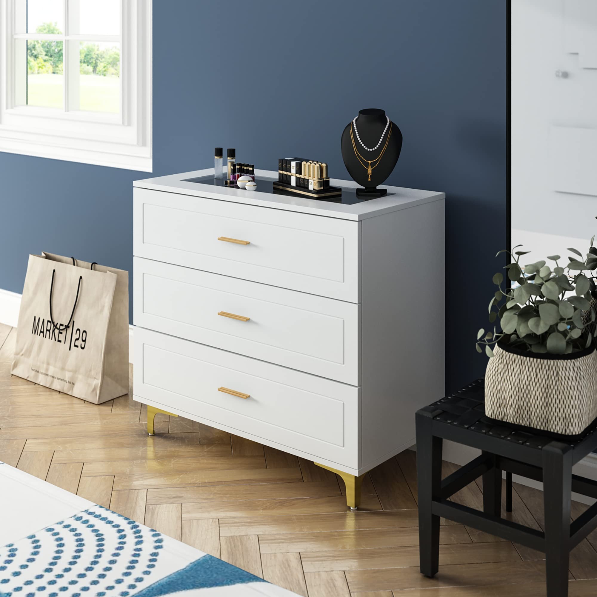 Modern White Dresser with 3 Drawers & Jewelry Organizer - Glass Top Wooden Storage Chest with Metal Legs for Bedroom, Living Room & Hallway - Perfect for Small Spaces & Apartment Organization (31.5”L x 15.7”W x 28.7”H)
