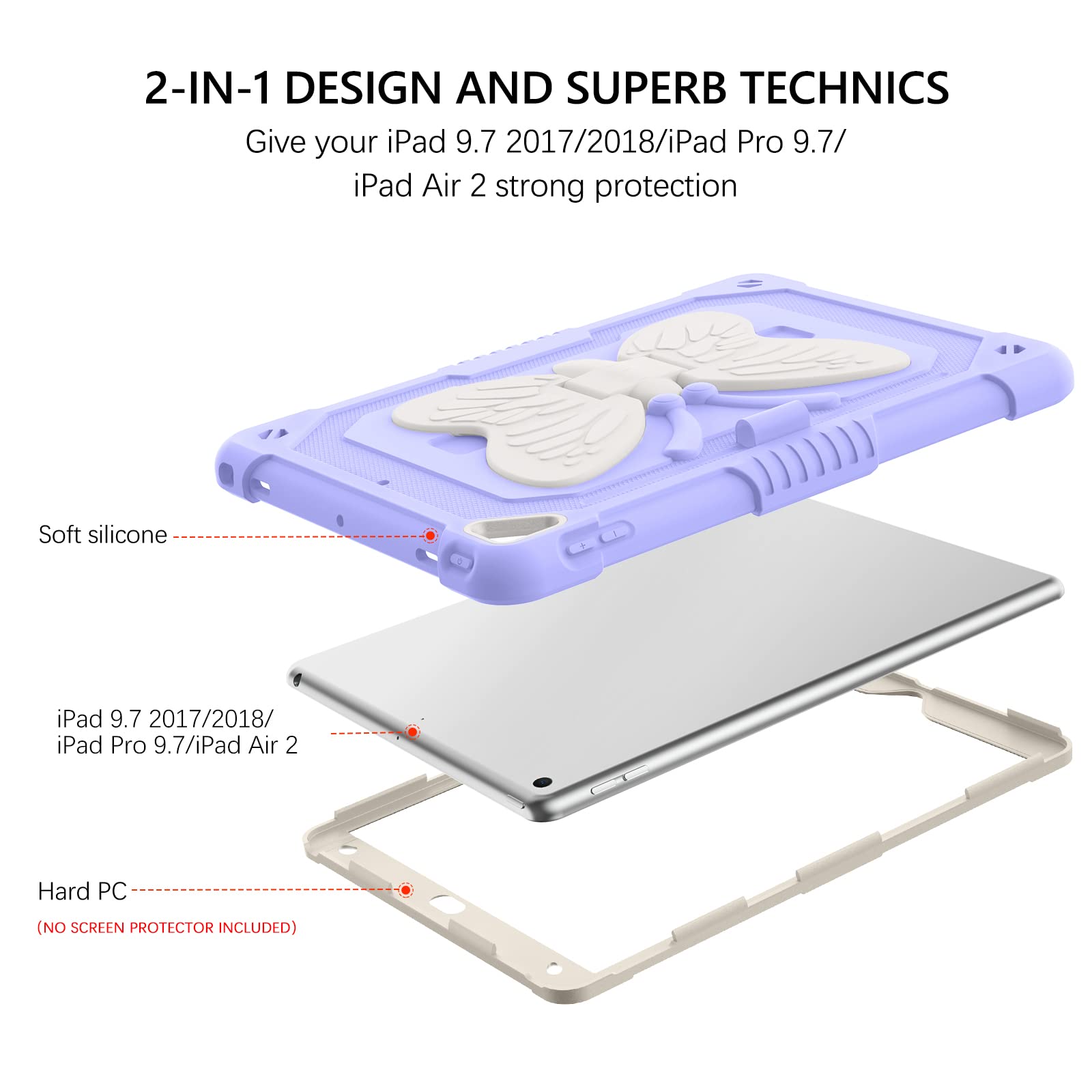 GUAGUA Shockproof Kids iPad Case - Compatible with iPad Air 2, iPad 5th/6th Gen (2017/2018) & iPad Pro 9.7