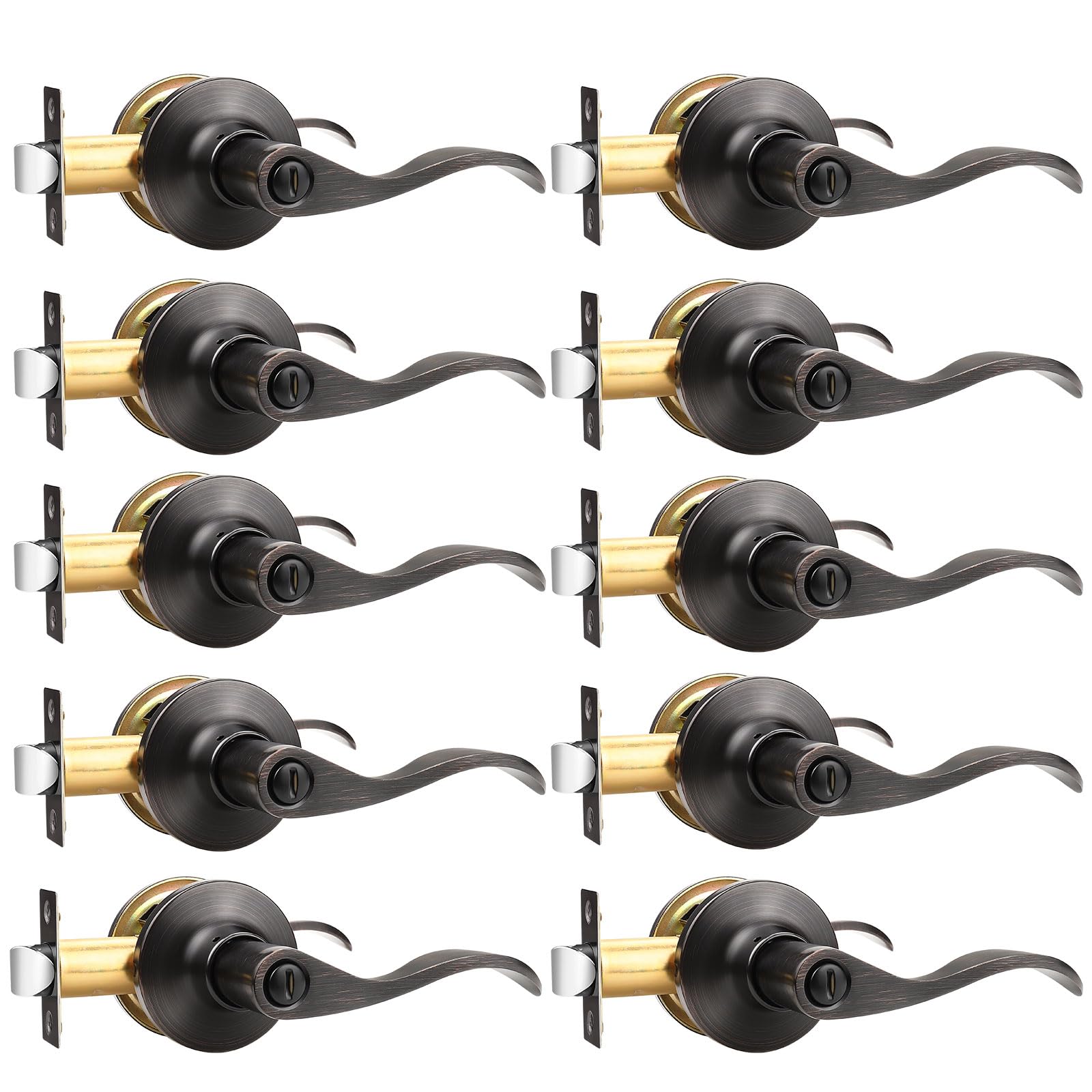 GOBEKOR 10 Pack Oil Rubbed Bronze Privacy Door Levers - Keyless Interior Door Handles with Lock for Bedroom, Bathroom & Closet - Wave Design Modern Door Hardware Set for Home Privacy & Security