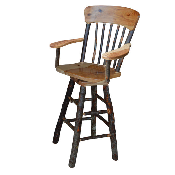 Hickory Wood Swivel Bar Stool with Arms & Panel Back - Perfect for Kitchen Islands, Home Bars & Countertops