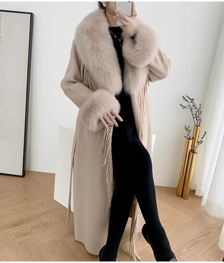 Luxury Women's Real Fur Winter Coat - Cashmere Wool Blend Jacket with Fox Fur Collar, Long Tassel Design, Warm Streetwear Outerwear for Winter Fashion, Parties & Cold Weather Protection