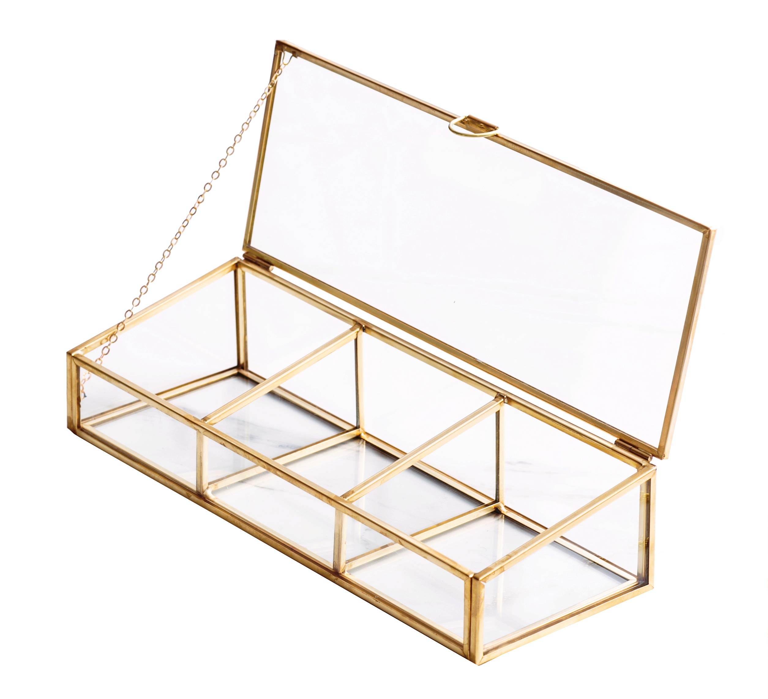 Vintage Golden Glass Jewelry Box with Brass Metal Lid - 3 Compartment Clear Storage Organizer for Makeup, Rings, Earrings & Cosmetics - Perfect for Vanity, Dresser, Bathroom & Gift Giving
