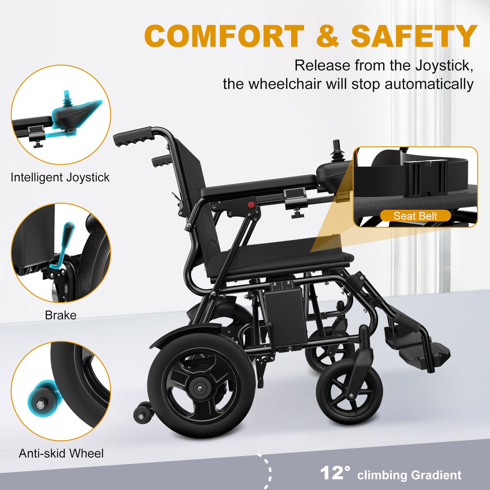 **POWET Foldable Electric Wheelchair for Adults & Seniors - Lightweight Motorized Wheelchair with Powerful Motor & 360° Joystick Control - Ideal for Indoor/Outdoor Use, Travel & Daily Mobility (Black)**