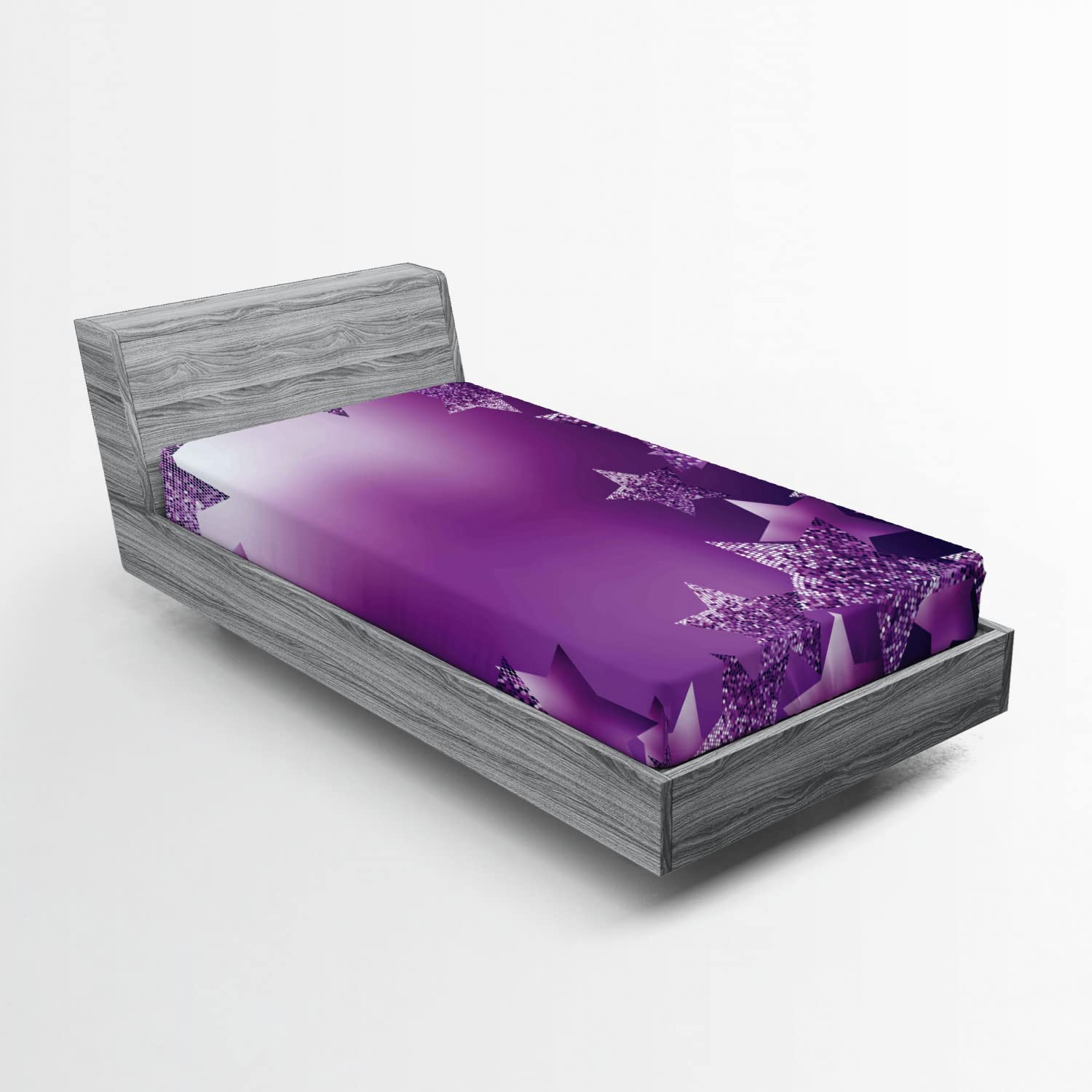 Ambesonne Christmas Fitted Sheet - Xmas Stars & Vibrant Fractal Squares Abstract Design - Deep Pocket Twin XL Bed Sheet - Purple Holiday Bedding for Guest Rooms & Seasonal Decor