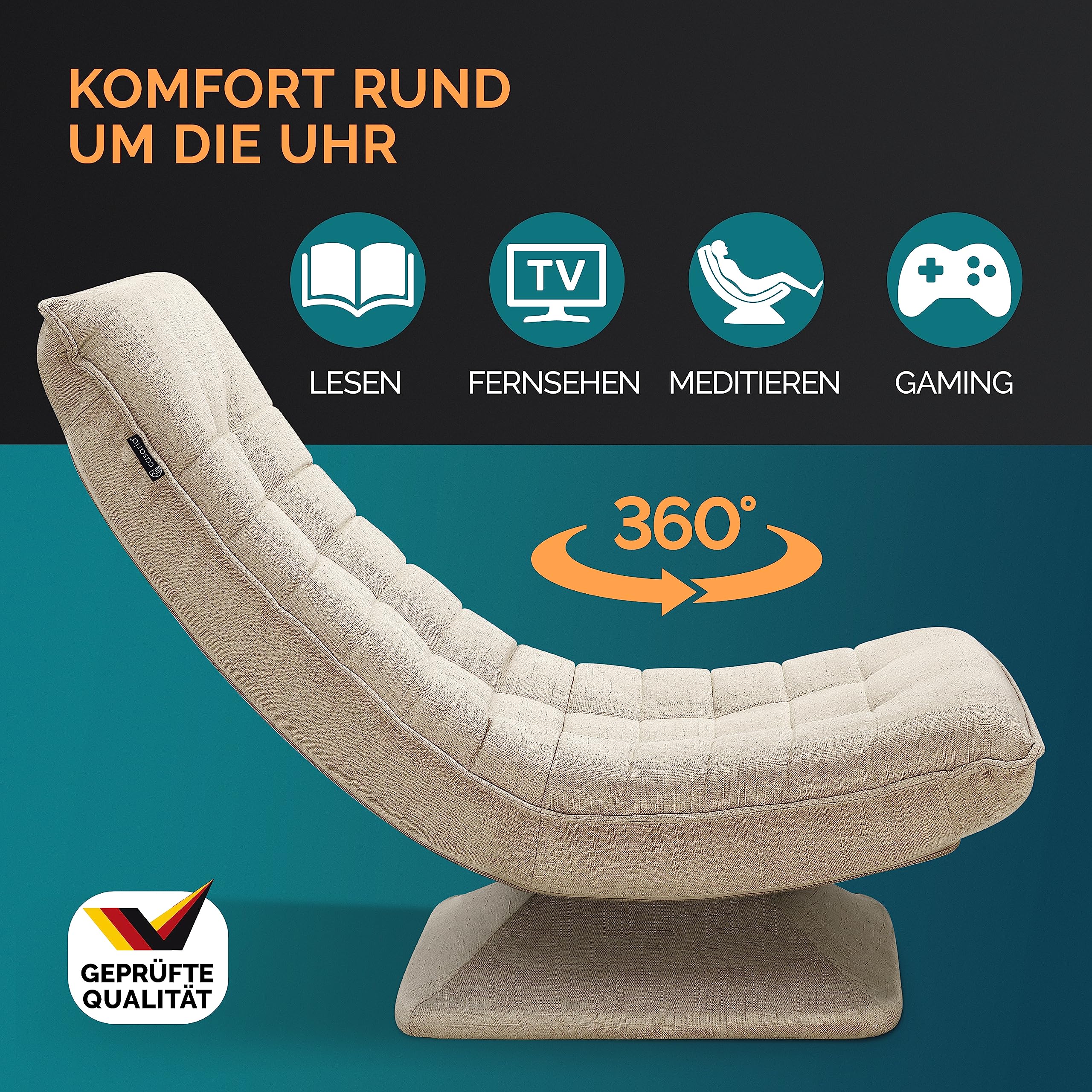 CASARIA® Adjustable Backrest 360° Swivel Floor Chair - Foldable Cream Upholstered Lounge Chair, Supports Up to 150kg (60x105x87cm) - Perfect for Living Rooms, Bedrooms & Small Spaces