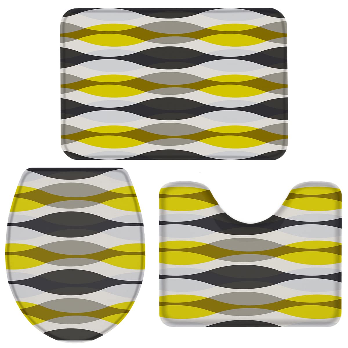 3-Piece Bathroom Rug Set - Non-Slip Toilet Seat Cover, Pedestal Mat & Floor Mat with Droplet Geometric Pattern in Yellow & Gray for Bathroom Decor | Soft & Absorbent for Bath, Shower & Vanity Areas