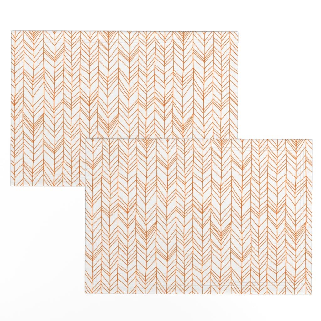 Premium Linen Cotton Canvas Placemats Set of 2 - White & Orange Feather Chevron Herringbone Pattern | Gender Neutral Baby Shower & Dining Table Decor | Washable Fabric Placemats for Kitchen, Party & Home Decor