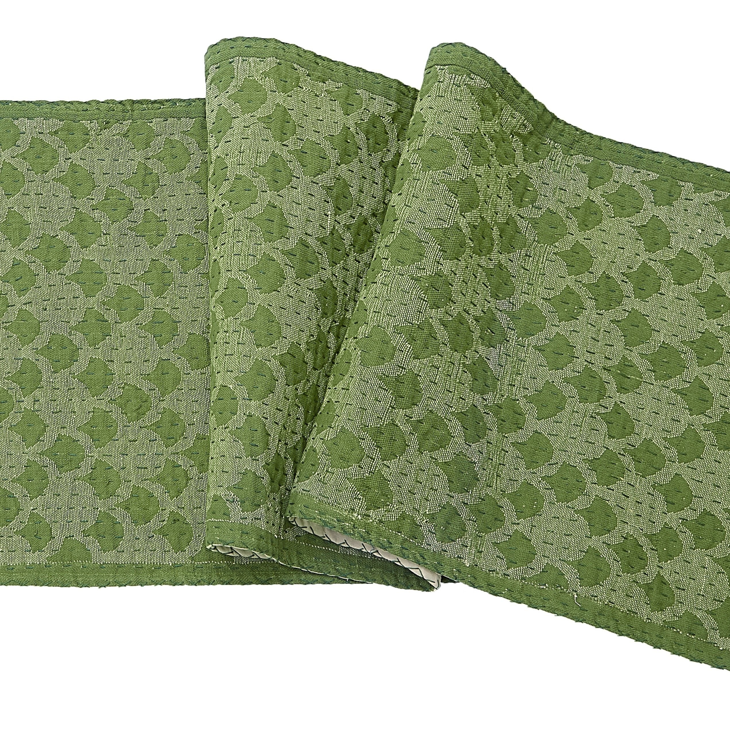 Handwoven Cotton Table Runner - Green Ginkgo Leaf Design 18x96 Inches - Perfect for Dining Tables, Buffets, and Holiday Decor