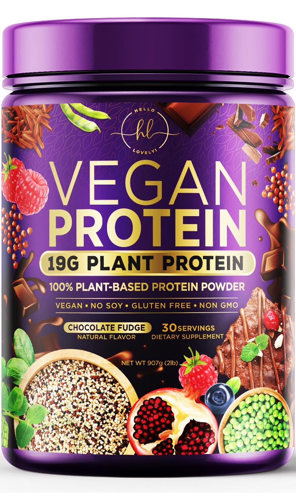 Organic Vegan Protein Powder - Chocolate Fudge Flavor | 100% Plant-Based Protein with 3.4g BCAAs | Dairy-Free, Gluten-Free, Non-GMO | Easy Digesting for Women & Men | 2lb (30 Servings) | Perfect for Post-Workout Recovery & Meal Replacement