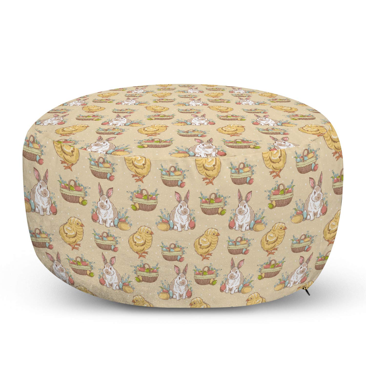 Ambesonne Easter Ottoman Pouf - Vintage Hand-Painted Chicken Rabbit Egg Basket Design, Soft Decorative Foot Rest with Removable Cover for Living Room & Bedroom - Perfect for Easter Decor, Cozy Seating & Home Accent