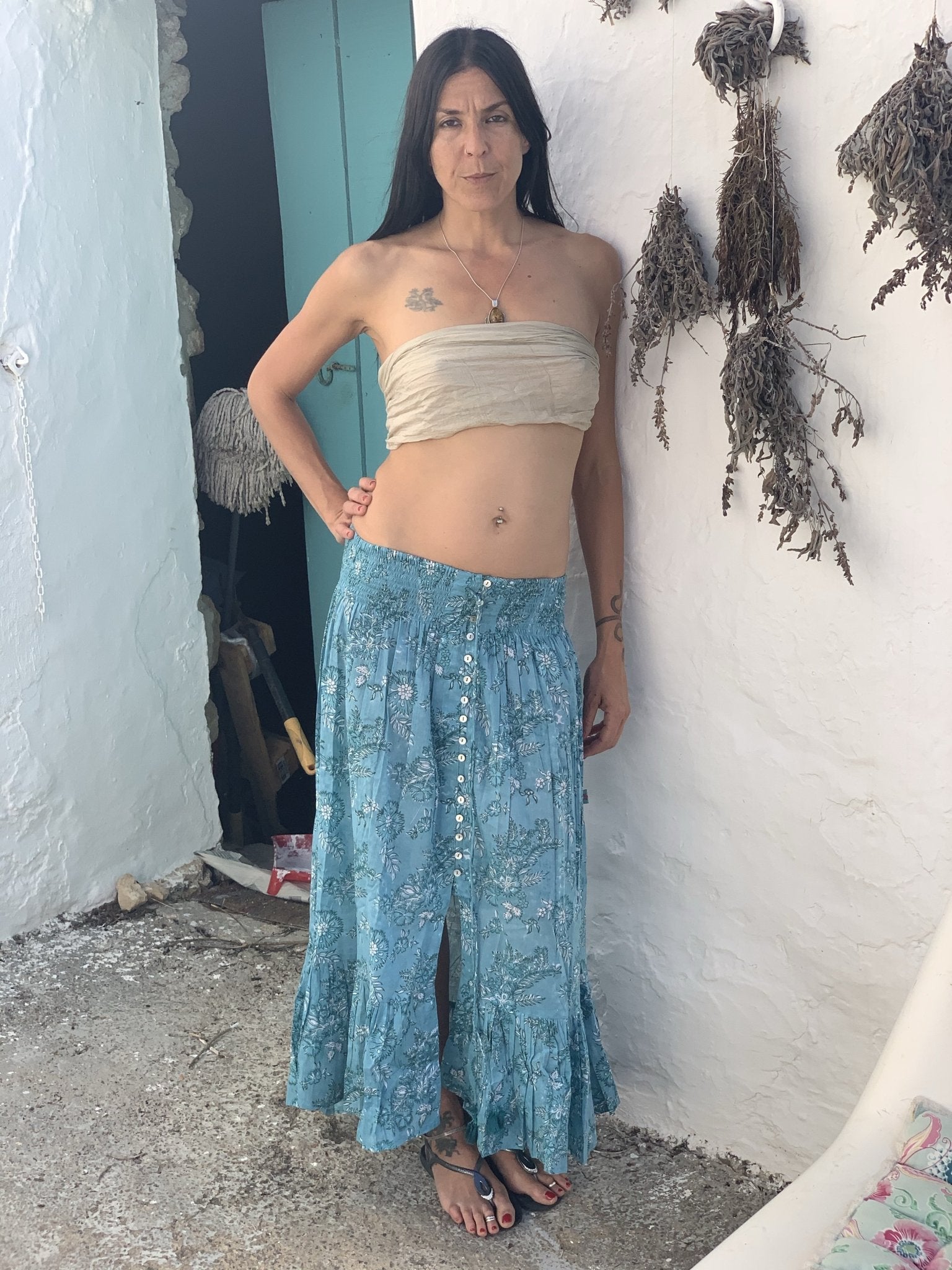Lorenza Turquoise Block Print Skirt | Floral Printed Bohemian Maxi Skirt for Women | Perfect for Beach Vacations, Summer Outfits & Boho Fashion