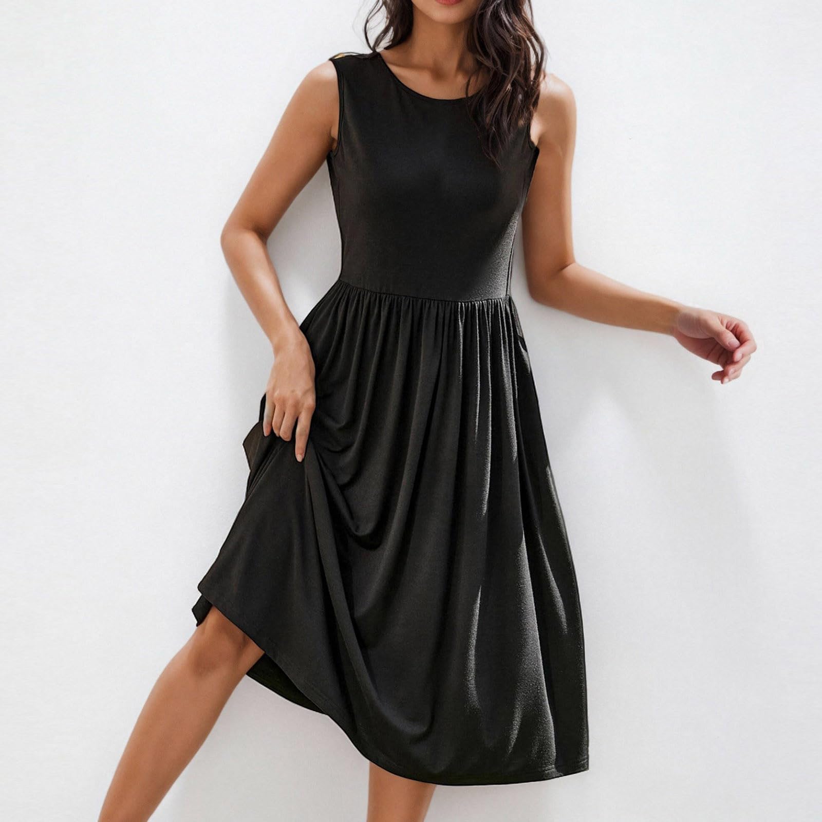2025 Women's Boho Floral Sleeveless Midi Dress - Spring Summer Casual Tie Waist Pleated Flowy Dress with Pockets | Perfect for Beach Vacations, Date Nights & Outdoor Parties
