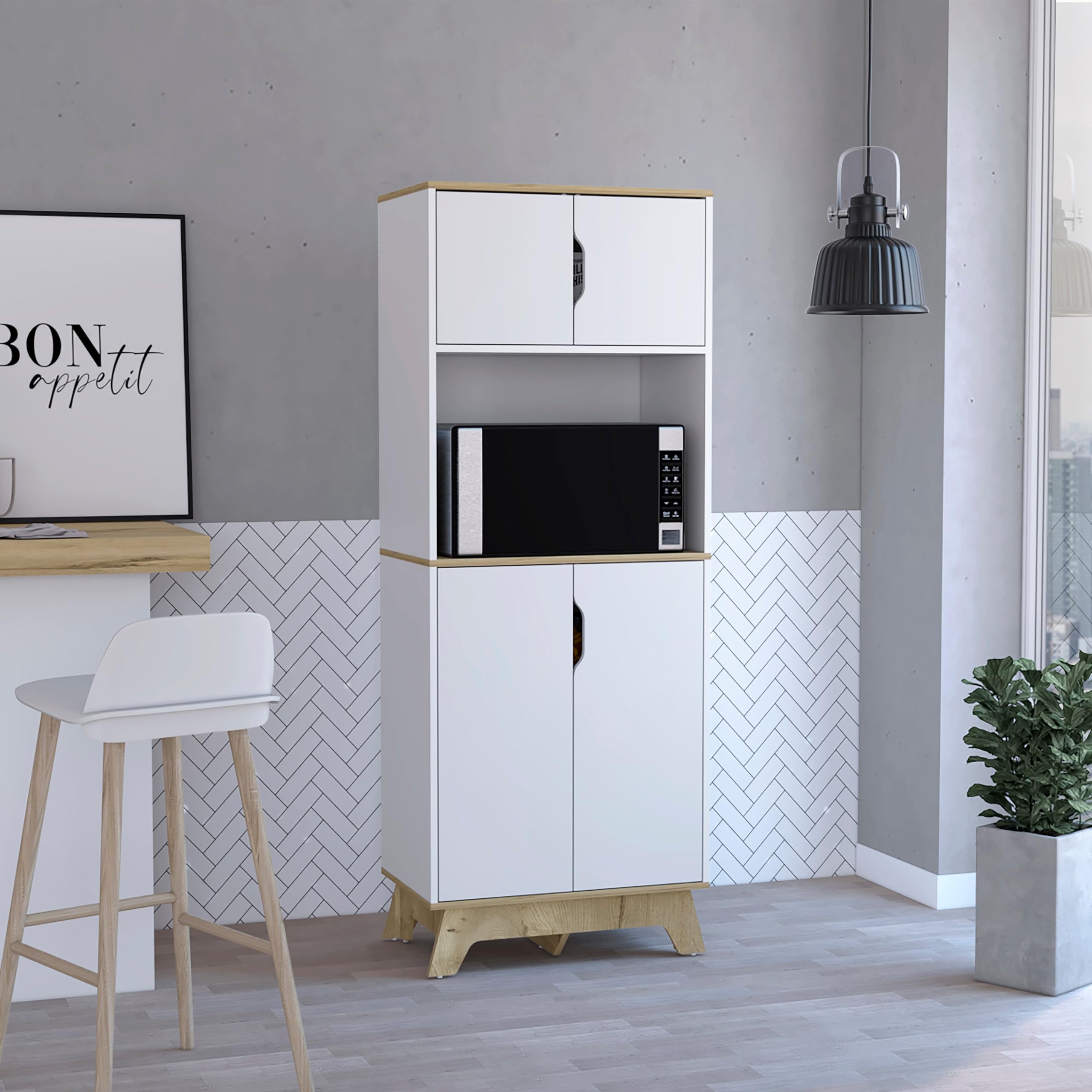 Tuhome Pamplona Microwave Tall Cabinet with Double Doors - Light Oak/White Finish - Perfect for Kitchen Storage & Countertop Organization