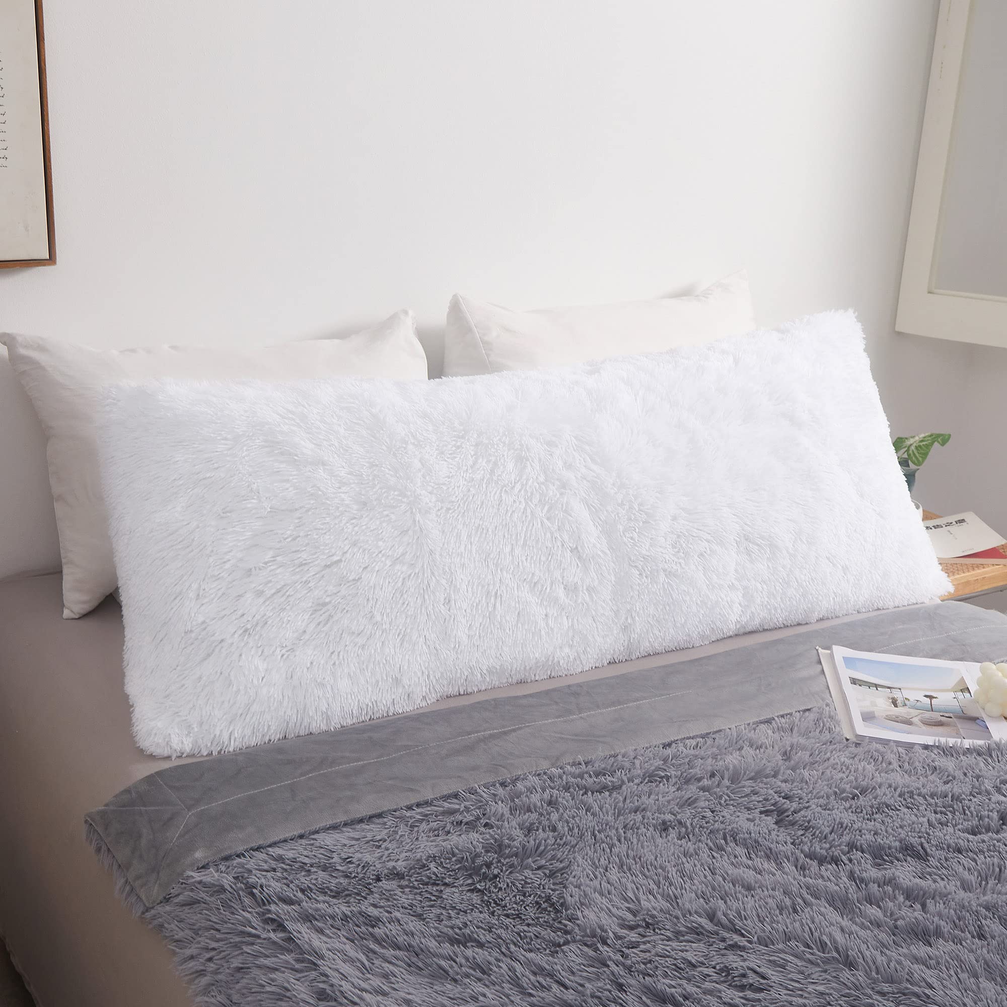 Luxury Fluffy Body Pillow Cover 20x54 Inches - Soft Shaggy Faux Fur Pillowcase with Zipper Closure - White Plush Decorative Hug Pillow for Bedroom - Perfect for Cuddling, Reading & Relaxing in Bed