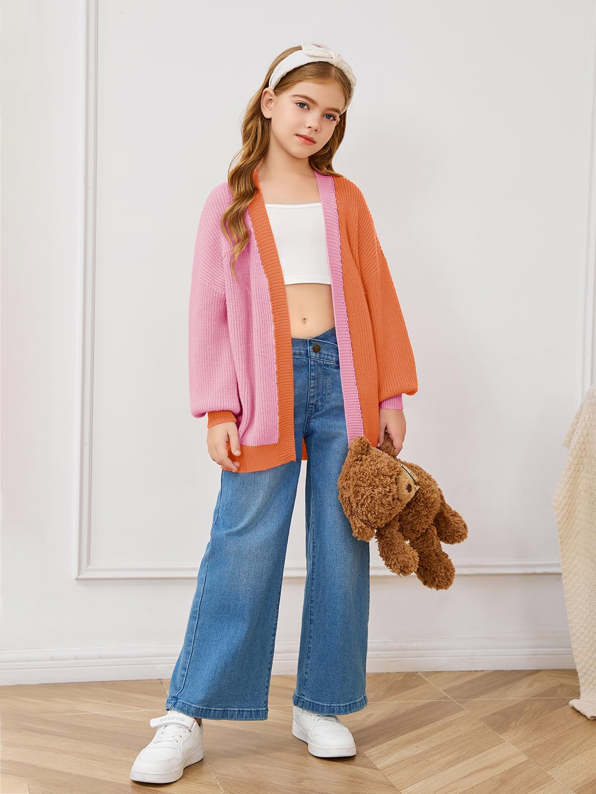 Haloumoning Girls Oversized Batwing Sleeve Cardigan Sweater - Kids Fashion Open Front Color Block Outerwear for School, Playdates & Casual Outings