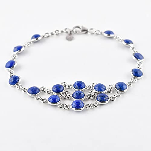 Natural Lapis Lazuli Gemstone Bezel Charm Bracelet for Women - Healing Chakra Crystal, Birthstone Jewelry, Rhodium Plated 925 Sterling Silver Handmade Dainty Bracelet - Perfect for Meditation, Yoga, Spiritual Healing & Gift Giving
