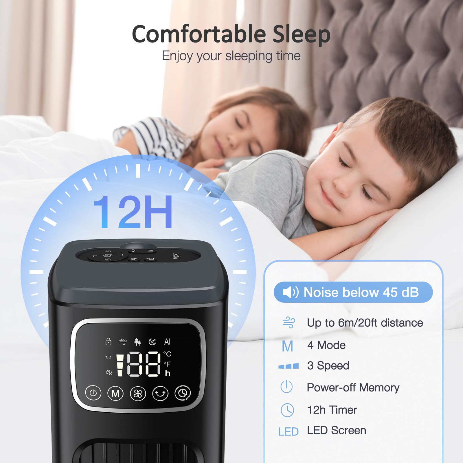 36'' Quiet Bladeless Tower Fan with Remote - 80° Oscillating, 3 Speed Adjustable, 4 Modes, 12H Timer & LED Display - Perfect for Bedroom, Home Office & Living Room Cooling