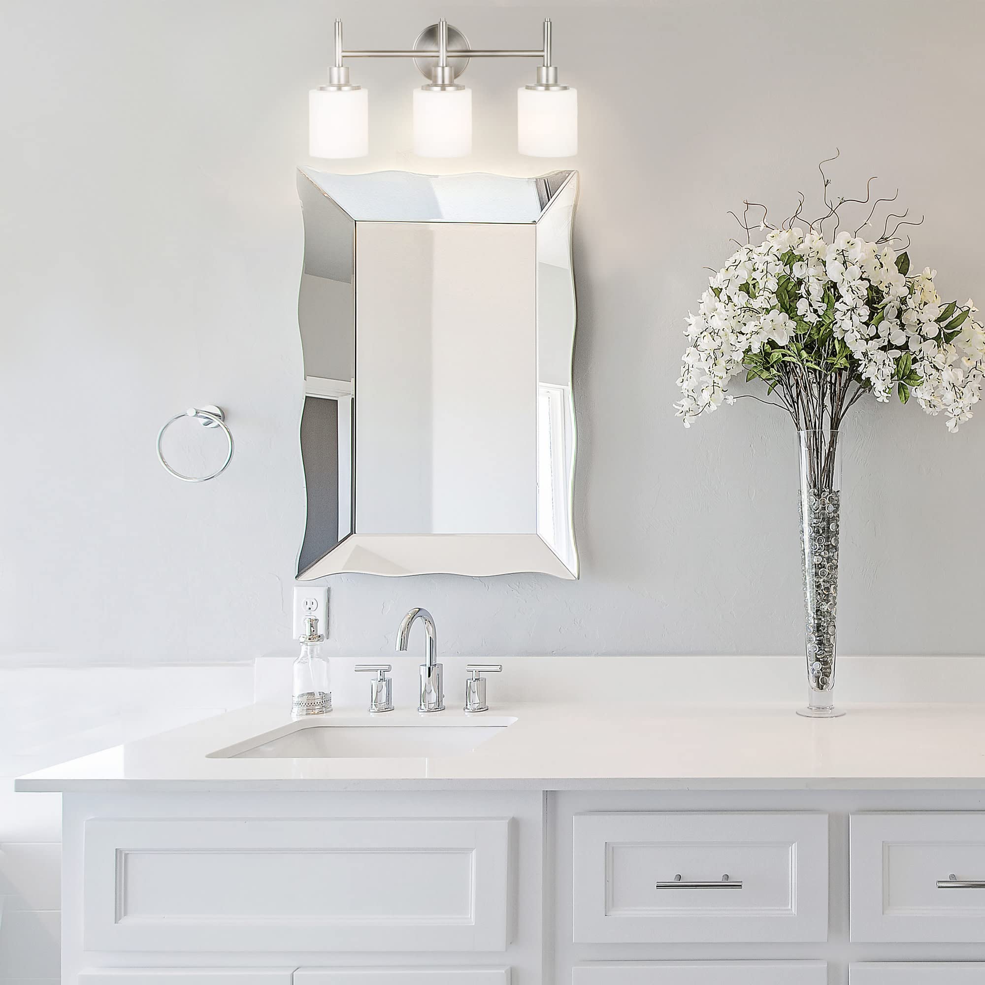 Design House 556209 - 3-Light Dimmable Bathroom Vanity Lighting Fixture in Satin Nickel with Frosted Glass Shade, Rustproof Bathroom Light for Mirror, Makeup Area & Powder Room (Perfect for Modern Home Bathroom Renovation)