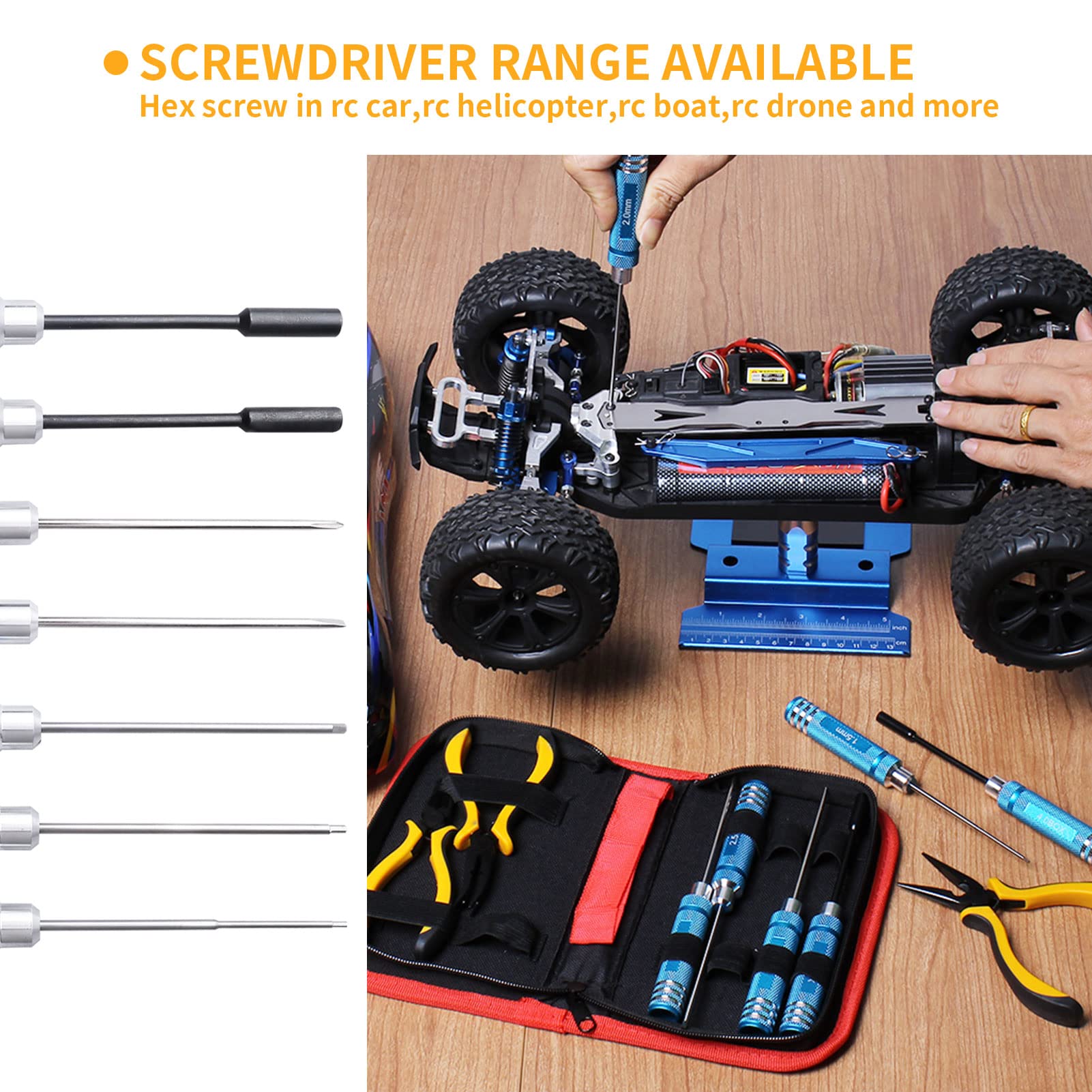 RC Tool Kit & Screwdriver Set with Flat/Phillips/Hex Bits, Pliers, Wrench - Complete Repair Tools for Quadcopter, Drone, Airplane - Compatible with Traxxas, Arrma, Axial, Redcat, Losi RC Models - Perfect for DIY Maintenance & Field Repairs