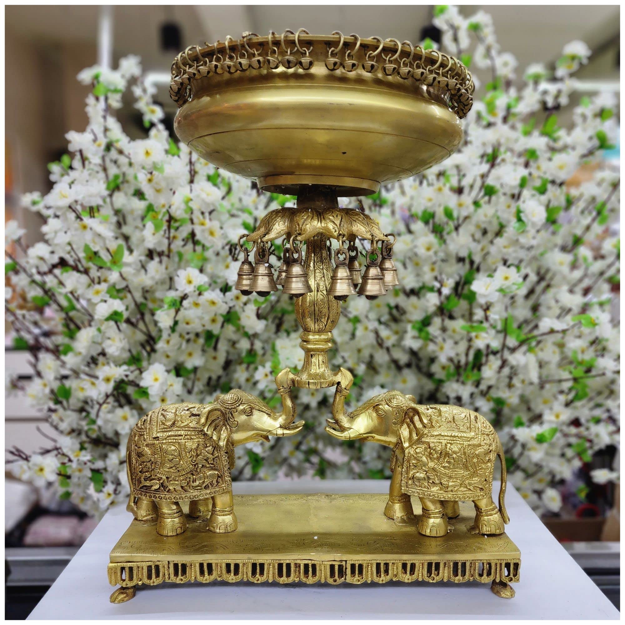 Handmade Brass Elephant Urli Bowl with Bells - Traditional Indian Home Decor for Festivals, Wedding Gift & Spiritual Pooja Ceremonies | Auspicious Elephant Design for Living Room, Office & Meditation Space