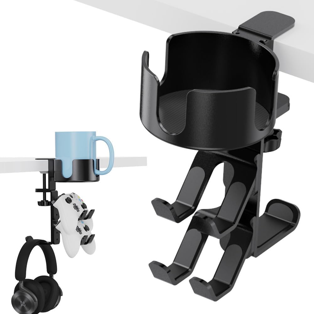 360° Rotating 3-in-1 Desk Controller Holder with Headphone Hanger & Anti-Spill Cup Holder - Aluminum Alloy & Plastic Gaming Accessory for Xbox/PS4/PS5/Switch (Max Load 20lb) - Perfect for Gaming Setups, Office Desks & Home Entertainment Centers