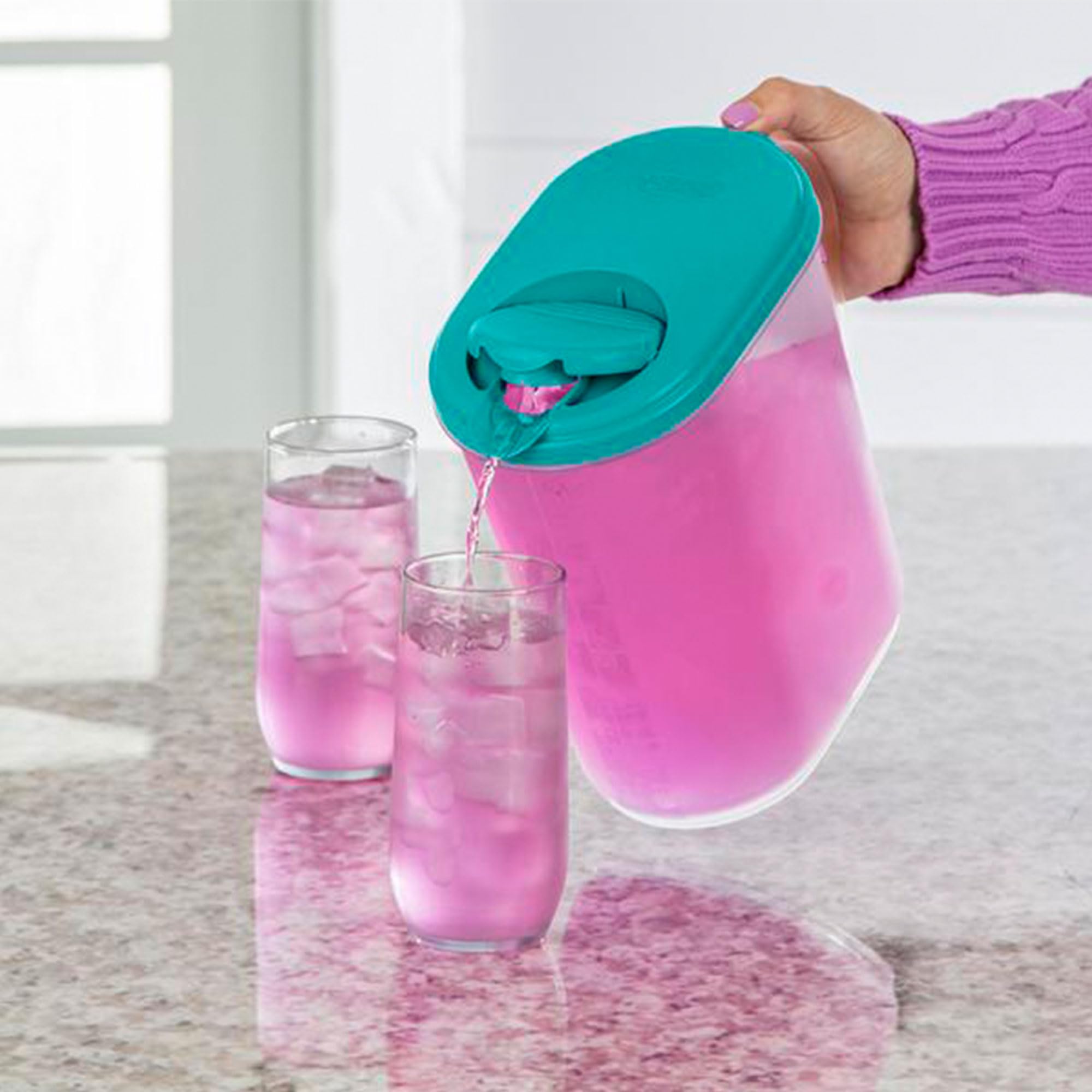 Sterilite Ultra Seal 1 Gallon Drink Pitcher - Freezer & Dishwasher Safe, Comfort Grip Handle with Measurement Marks, Clear/Blue (6 Pack) - Perfect for Iced Tea, Lemonade, Juice & Party Beverages