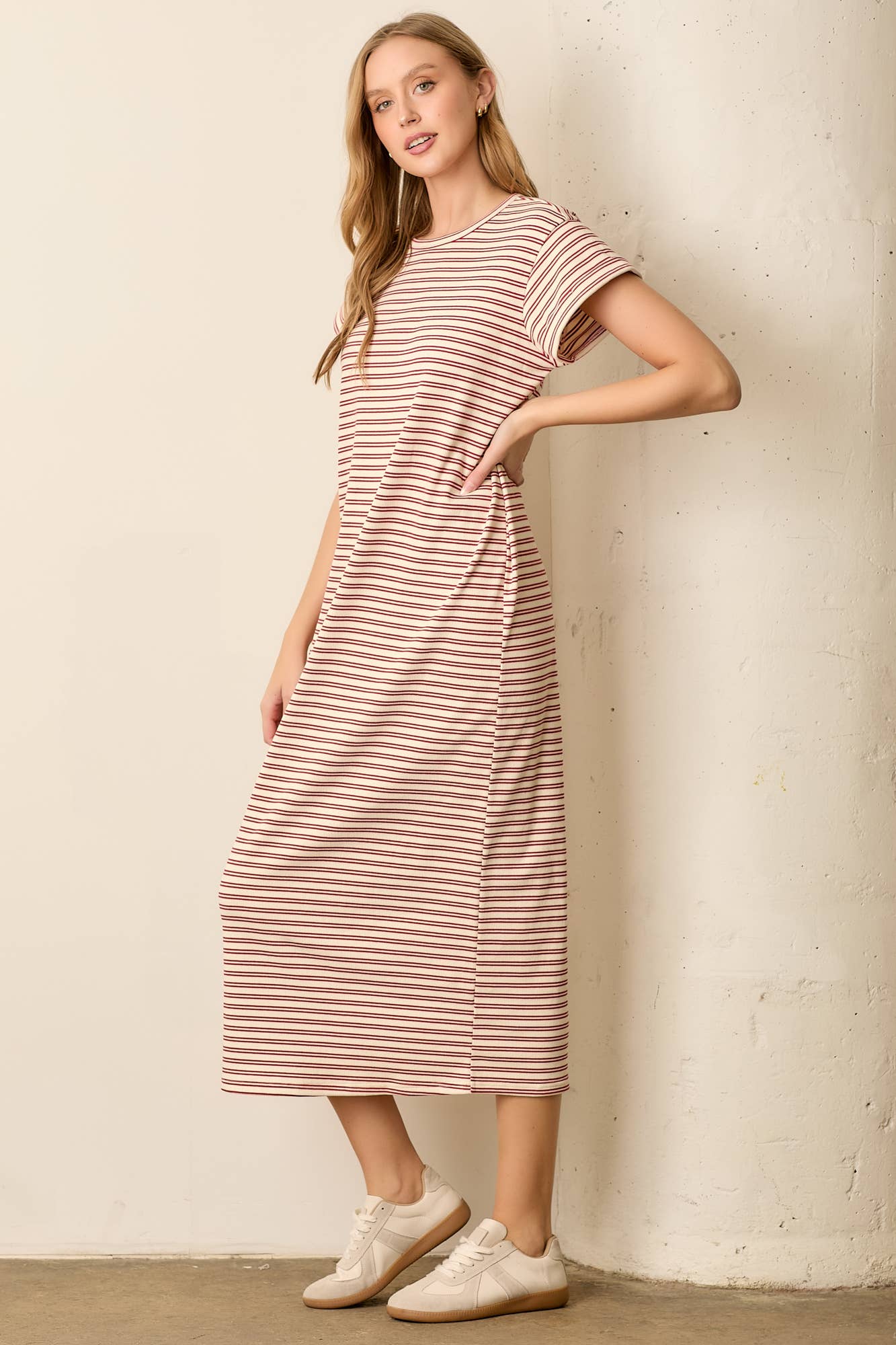 Women's Striped Maxi T-Shirt Dress in Cream & Red - Casual Summer Beach Dress for Outings, Vacations, and Relaxing