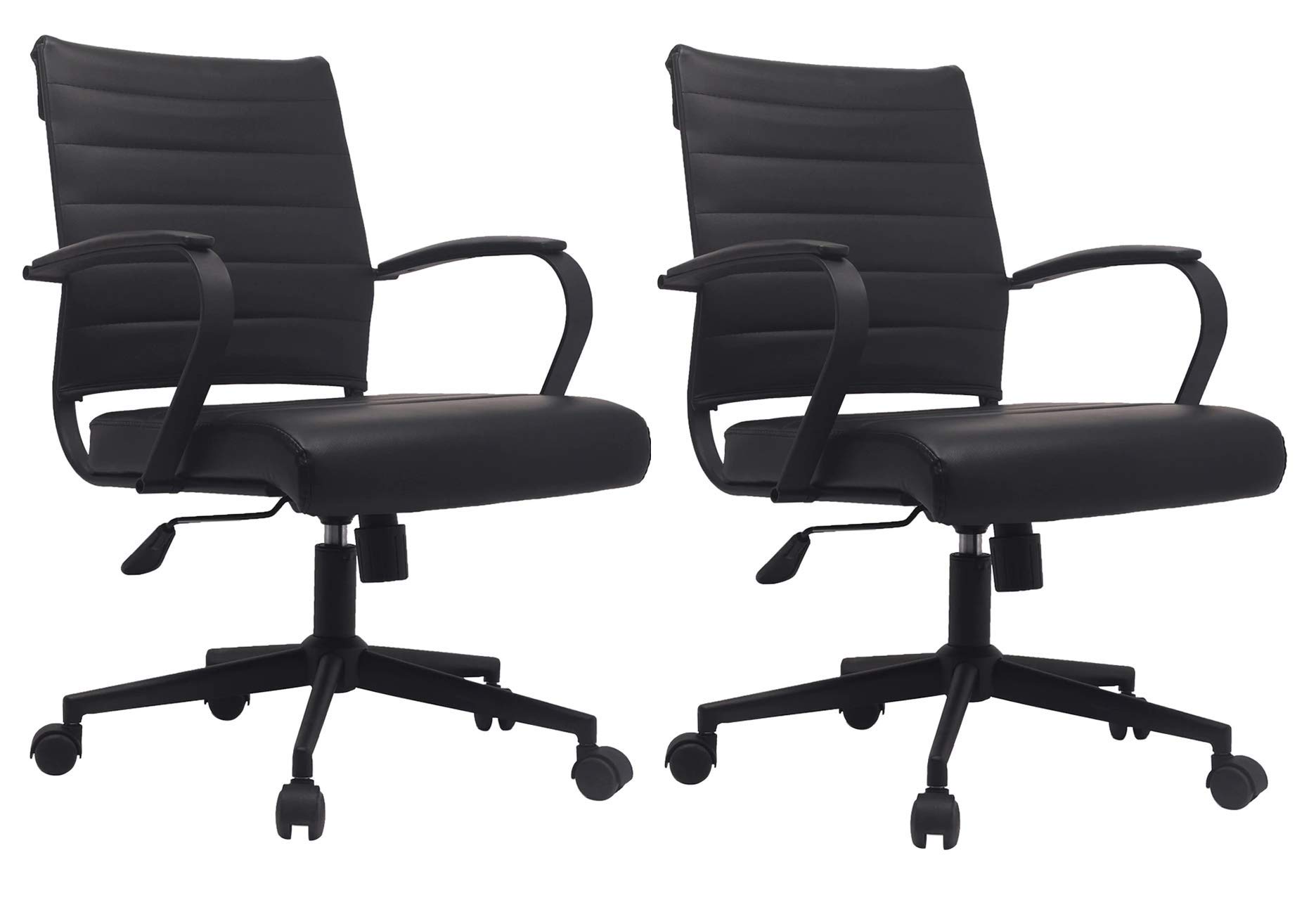 2-Pack Black Modern Mid Back PU Leather Swivel Office Chairs - Adjustable Tilt & Height for Executive, Manager, Conference Room, Home Office & Computer Work - Ribbed Design on Black Base - Perfect for Work, Meetings & Long Hours at Desk