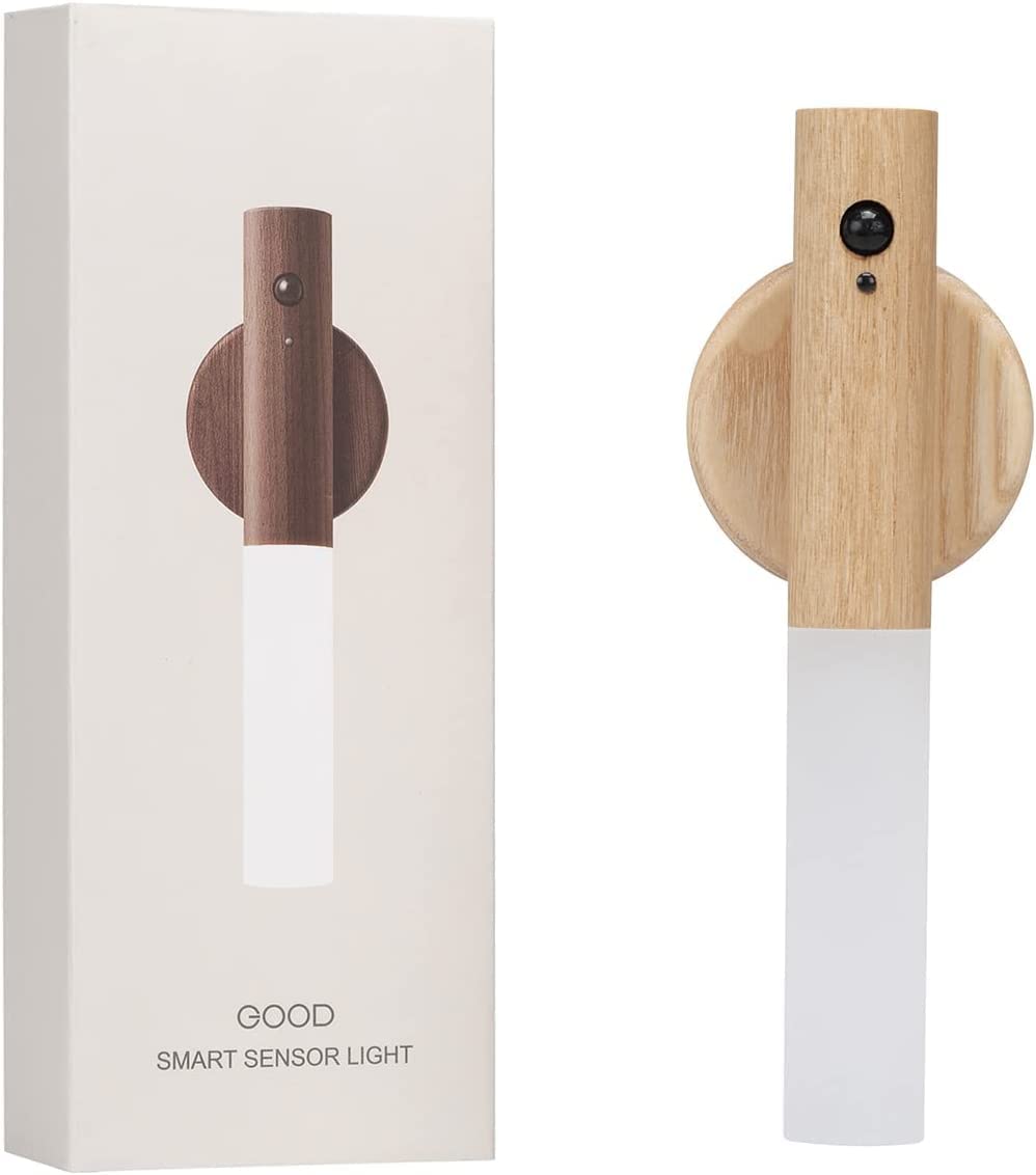 Motion Sensor Night Light - Rechargeable LED Night Light with Magnet for Hallway, Stairway & Cabinet - Battery Powered Wooden Wall Sconce (White Ash Wood, 1PC) - Perfect for Bedrooms, Bathrooms & Closets
