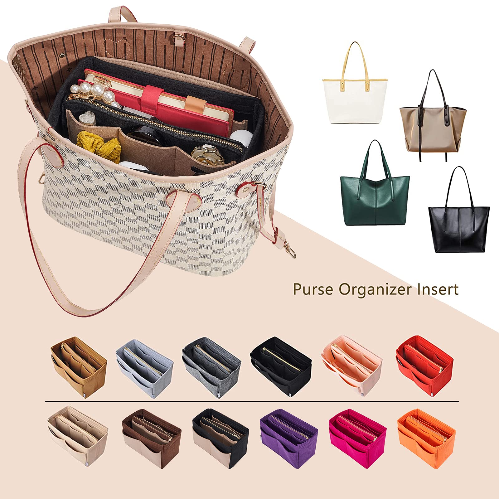 Vercord Felt Purse Organizer Insert for Handbags & Tote Bags - Neo Black & Beige X-Large - Perfect for Organizing Makeup, Wallet, and Essentials in Your Bag