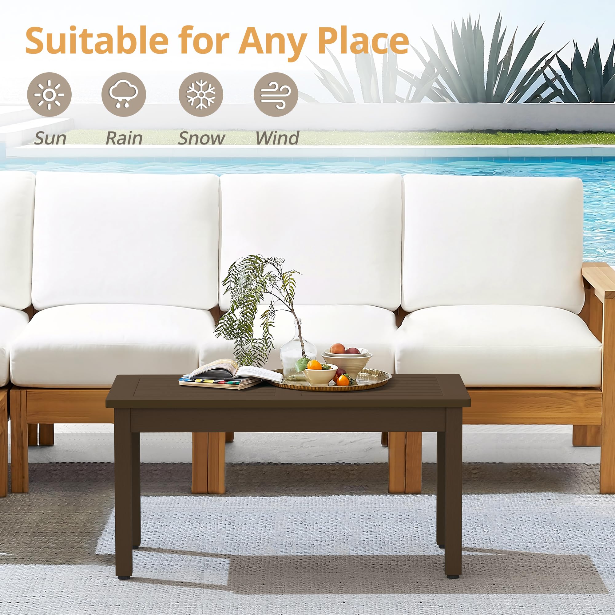 LUE BONA Outdoor Coffee Table Rectangle - All Weather HDPS Patio Coffee Table with Slatted Tabletop for Deck, Garden, Balcony - Indoor/Outdoor Use Dark Brown | Perfect for Backyard, Poolside & Patio Relaxation